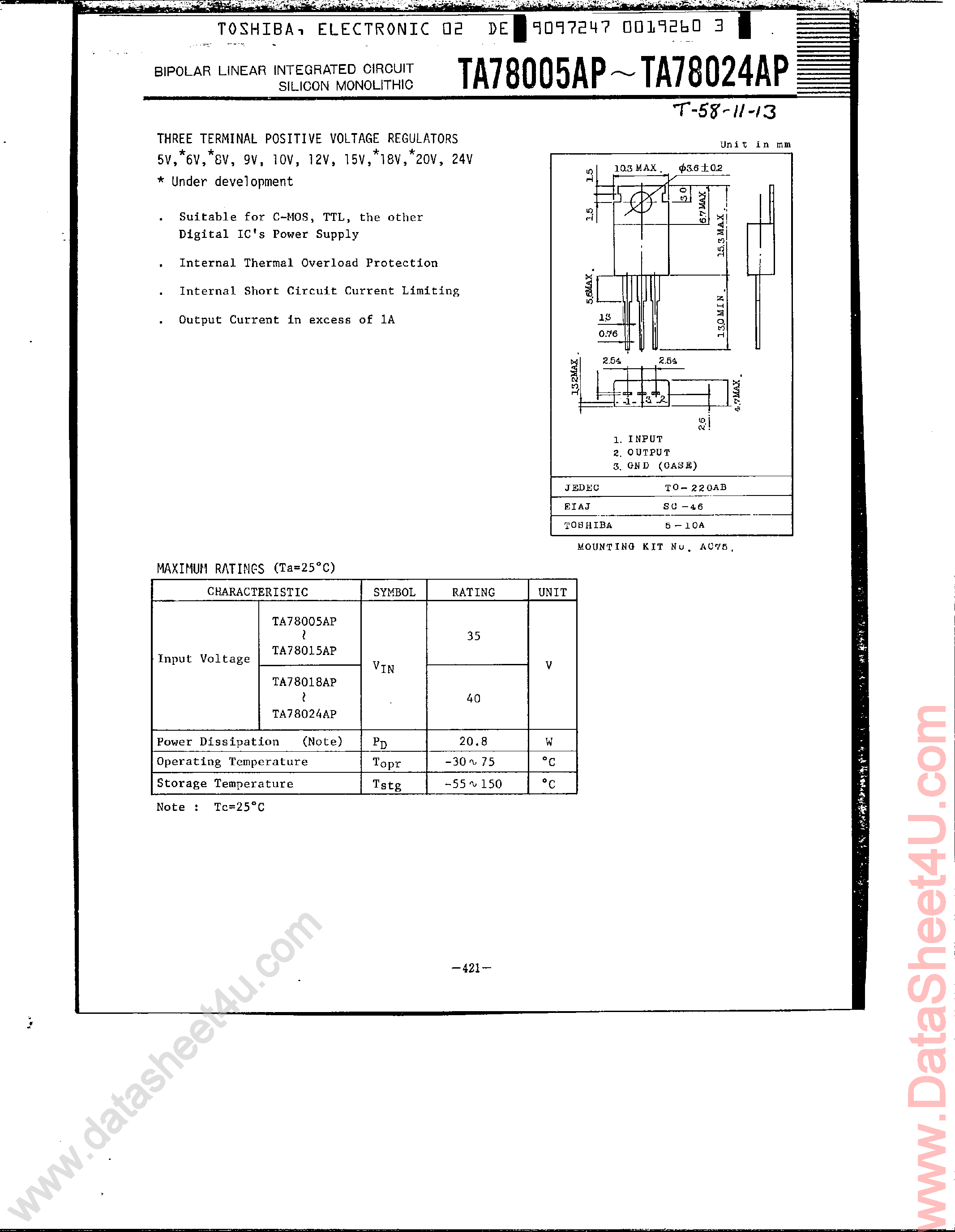 Datasheet TA78005AP - (TA78005AP - TA78024AP) 3-Terminal Positive Voltage Regulators page 1