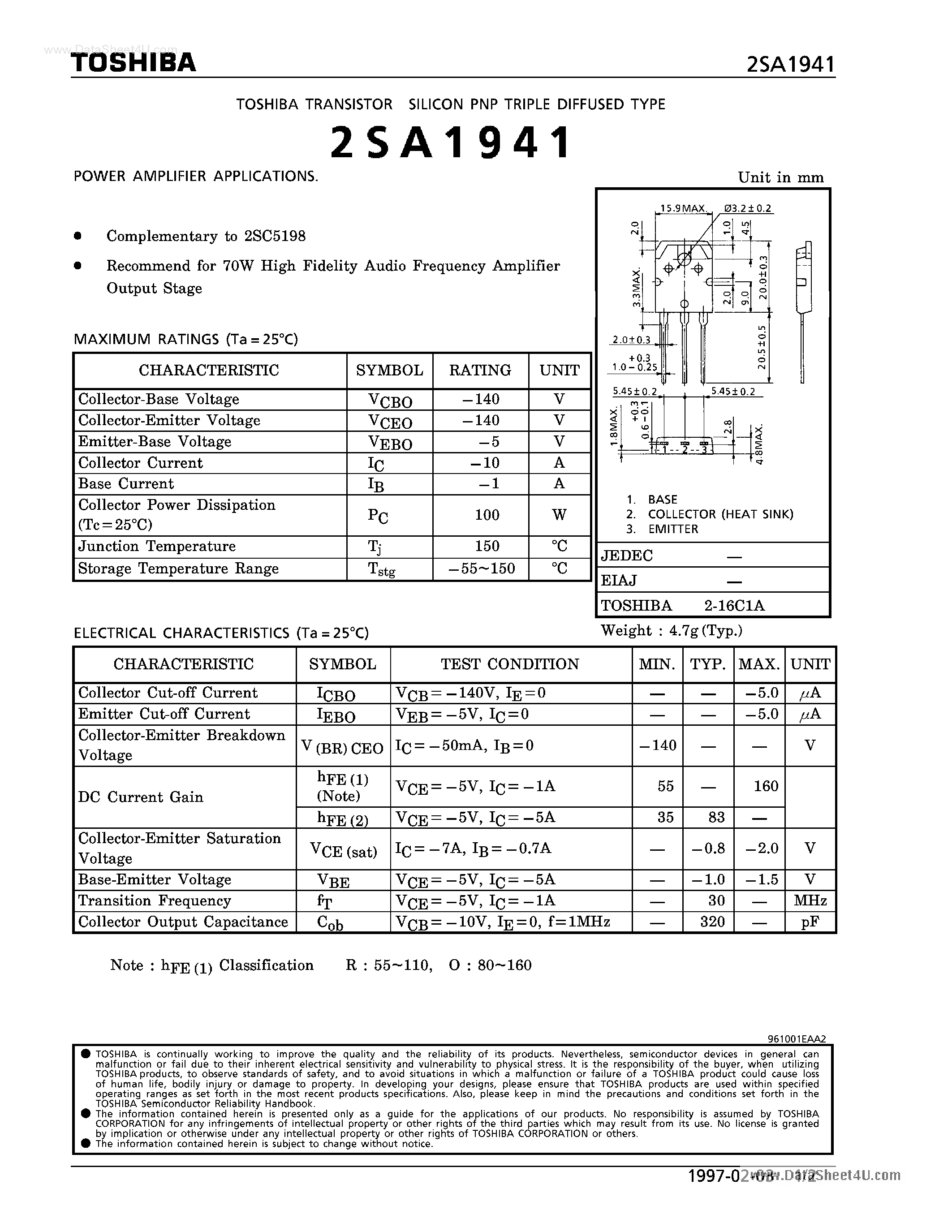 Datasheet A1941 - Search -----> 2SA1941 page 1
