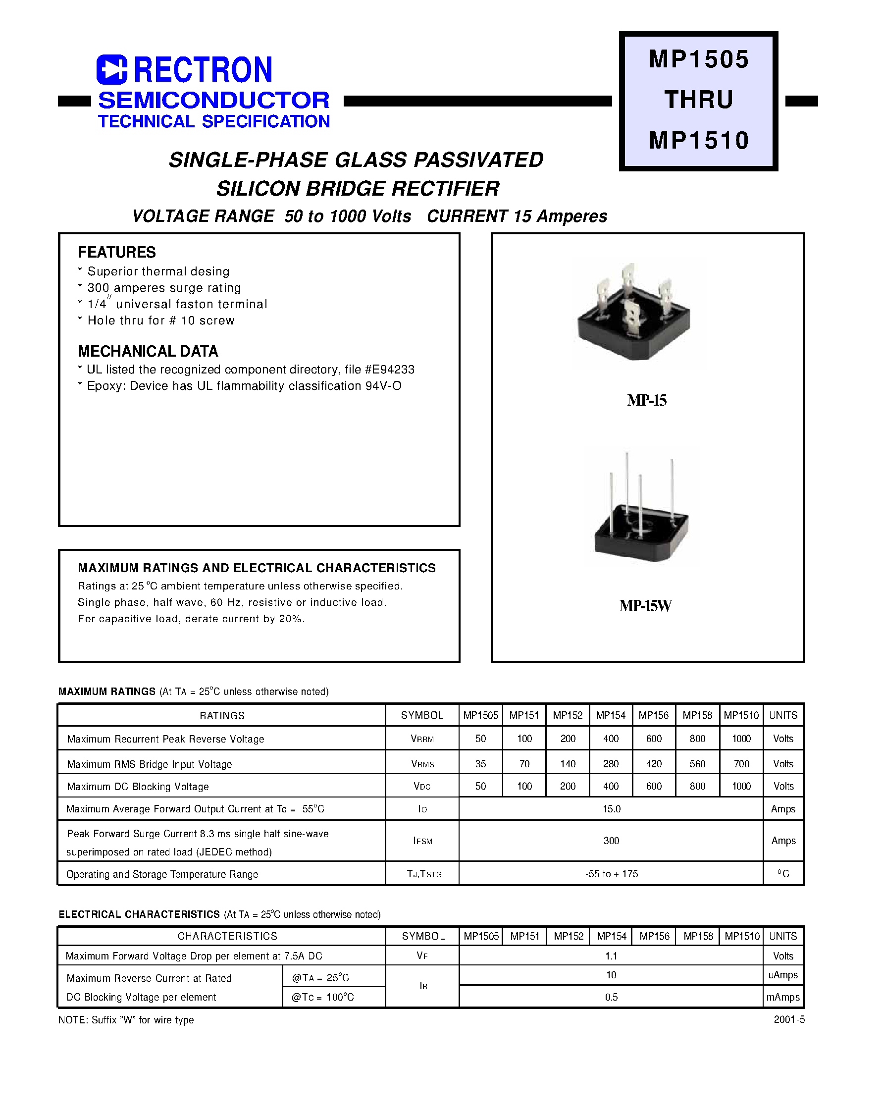 Даташит MP151 - (MP151 - MP1510) SINGLE-PHASE GLASS PASSIVATED SILICON BRIDGE RECTIFIER страница 1