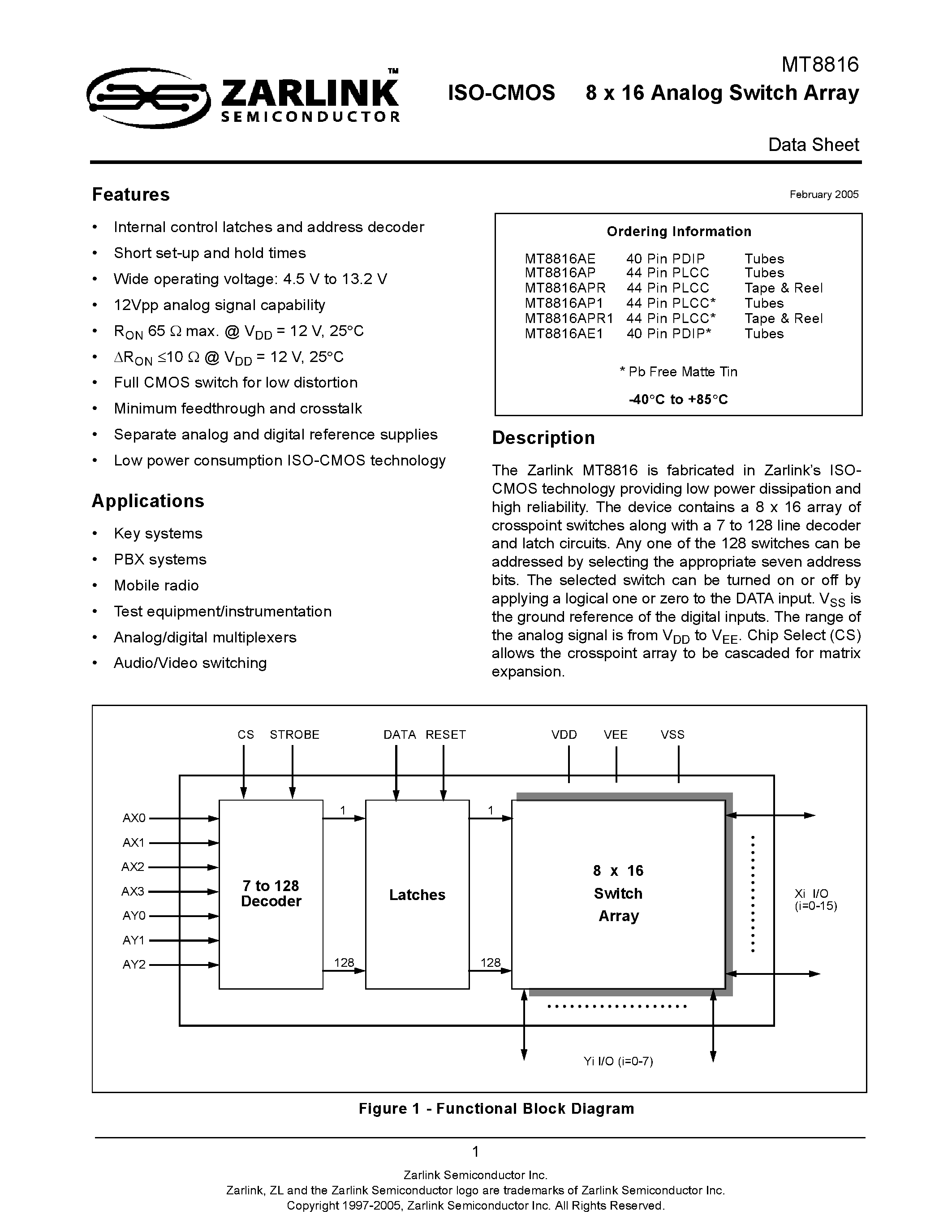 Datasheet MT8816 - ISO-CMOS 8 x 16 Analog Switch Array page 1