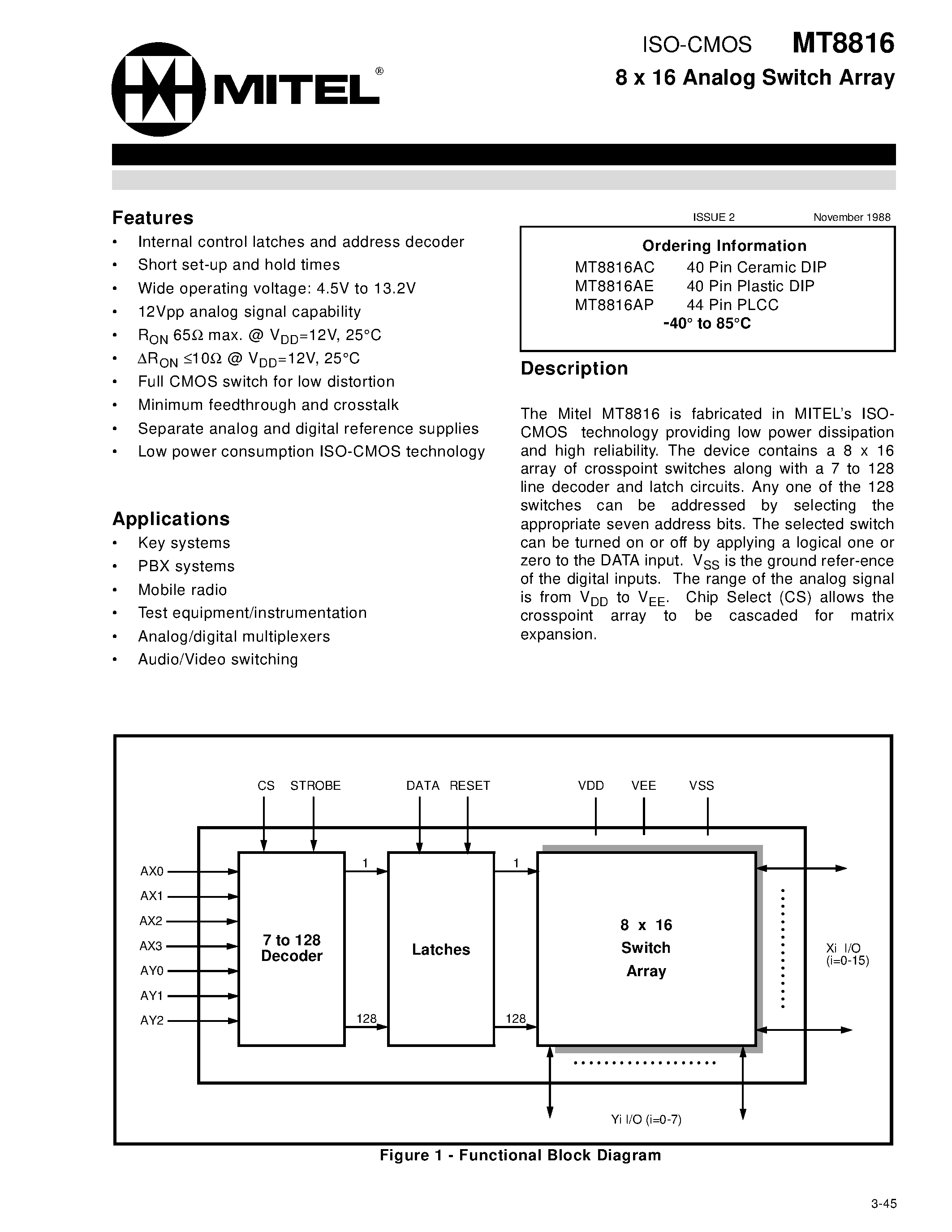 Datasheet MT8816 - ISO-CMOS 8 x 16 Analog Switch Array page 1