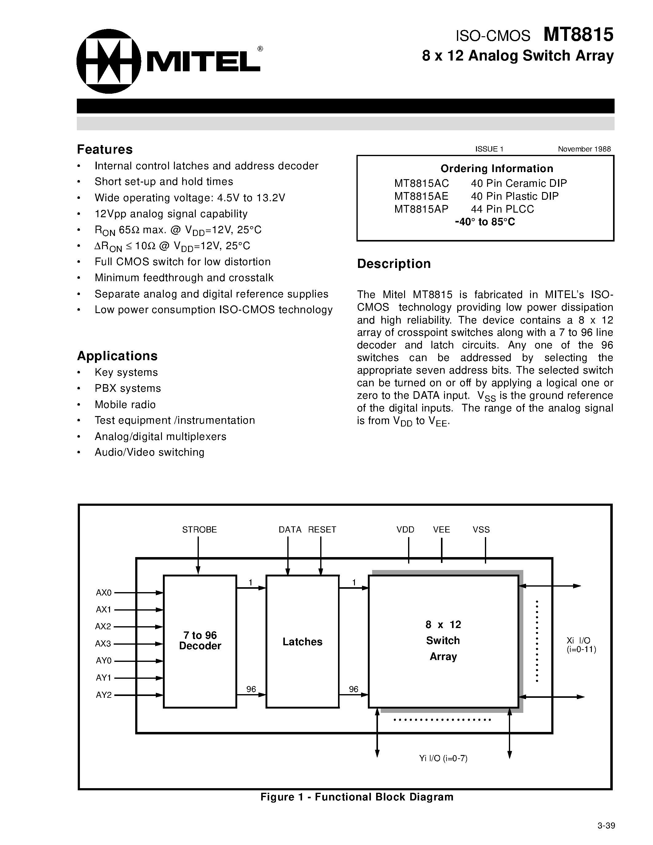 Datasheet MT8815 - ISO-CMOS 8 x 12 Analog Switch Array page 1