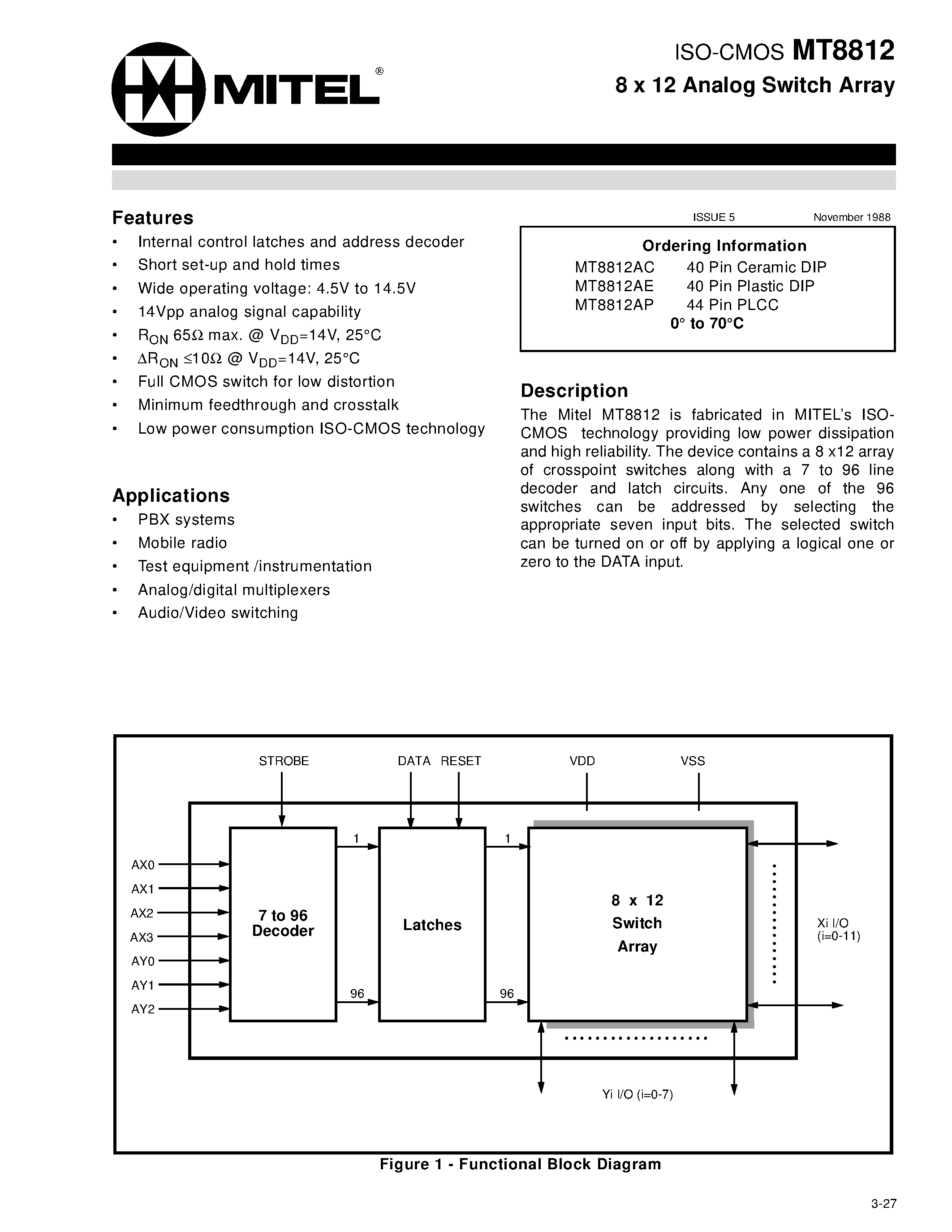 Datasheet MT8812 - ISO-CMOS 8 x 12 Analog Switch Array page 1