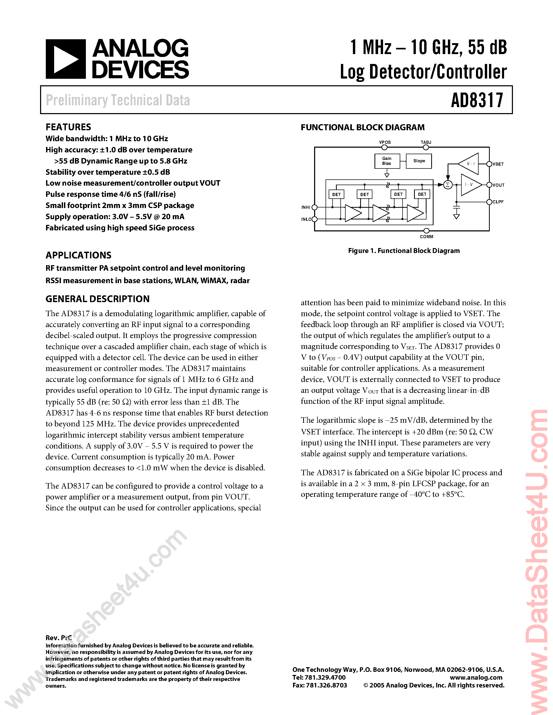 Даташит на микросхему AD8317 страница 1 Даташит AD8317 - Log Detector / Controller страница 1
