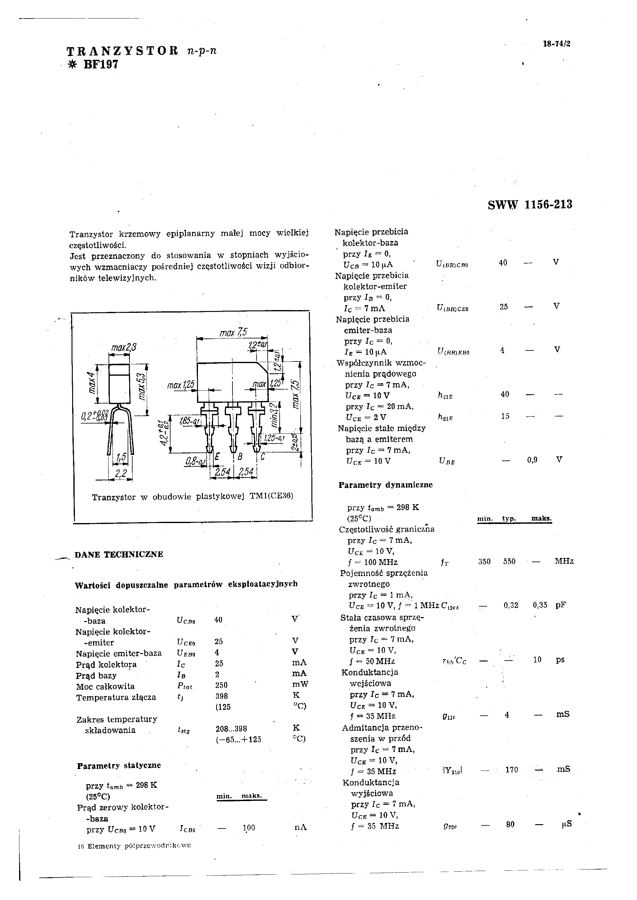 Datasheet BF197 - TRANZYSTOR NPN page 1