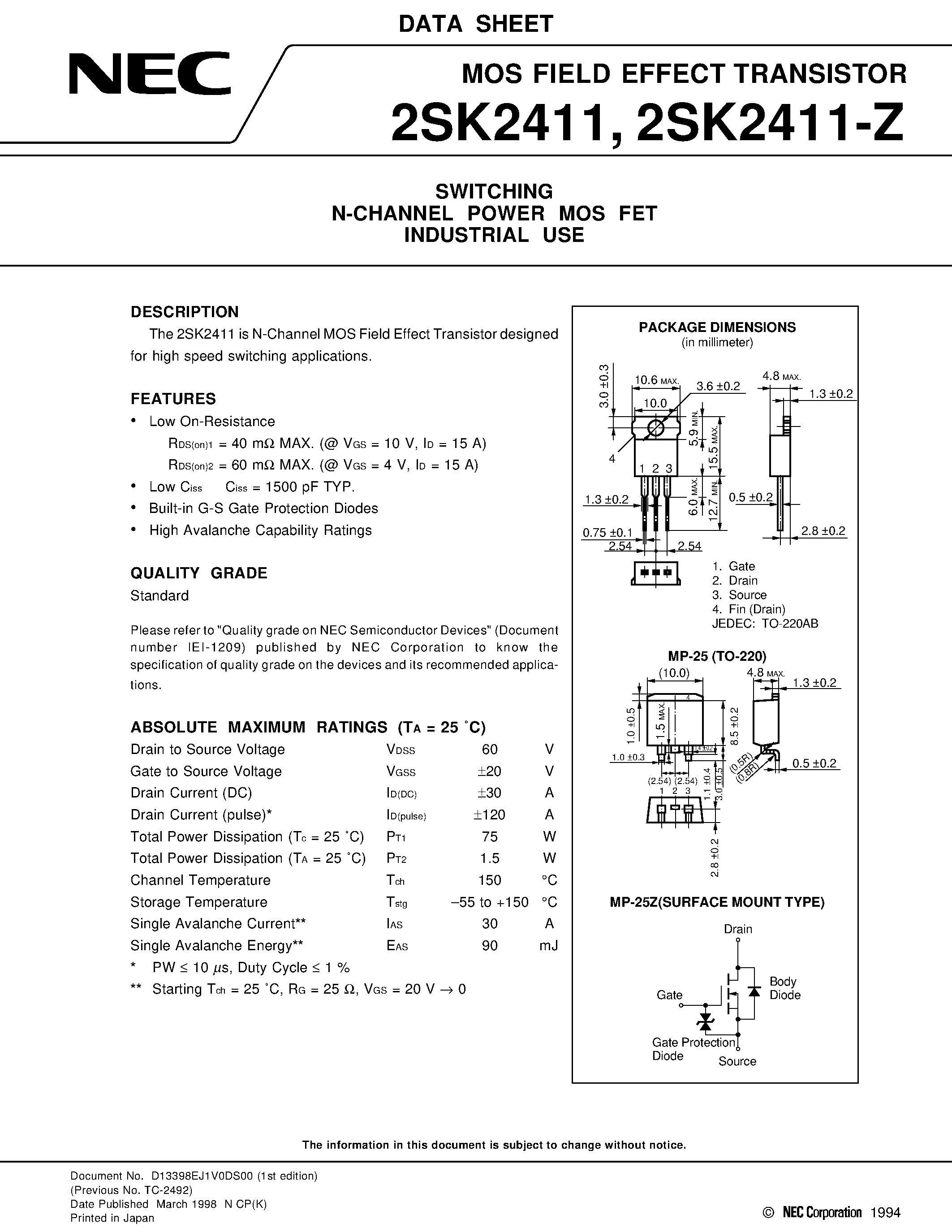 Datasheet 2SK2411 - Switching N-Channel Power MOS FET page 1