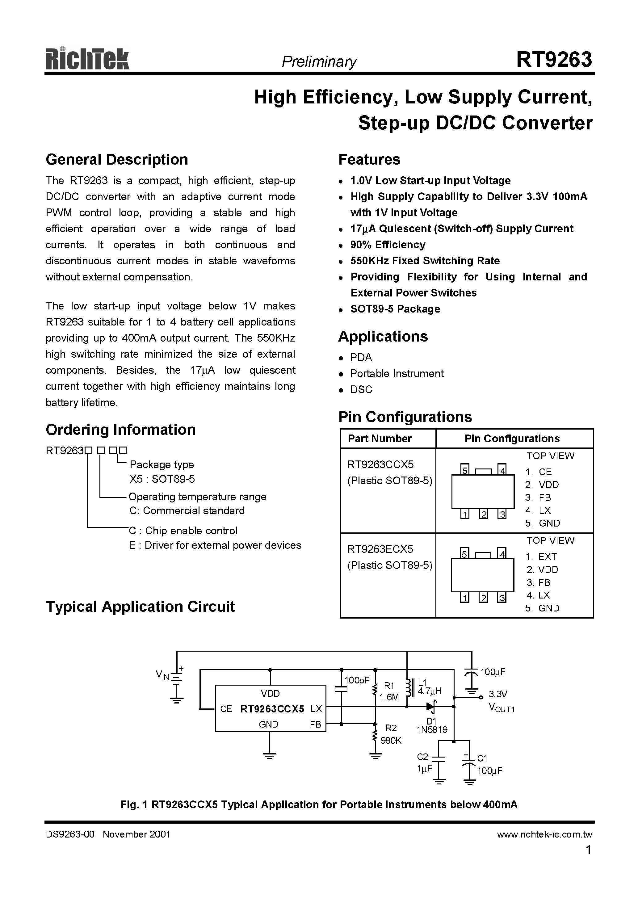 Datasheet RT9263 - HIGH EFFICIENCY LOW SUPPLY CURRENT STEP UP DC/DC CONVERTER page 1