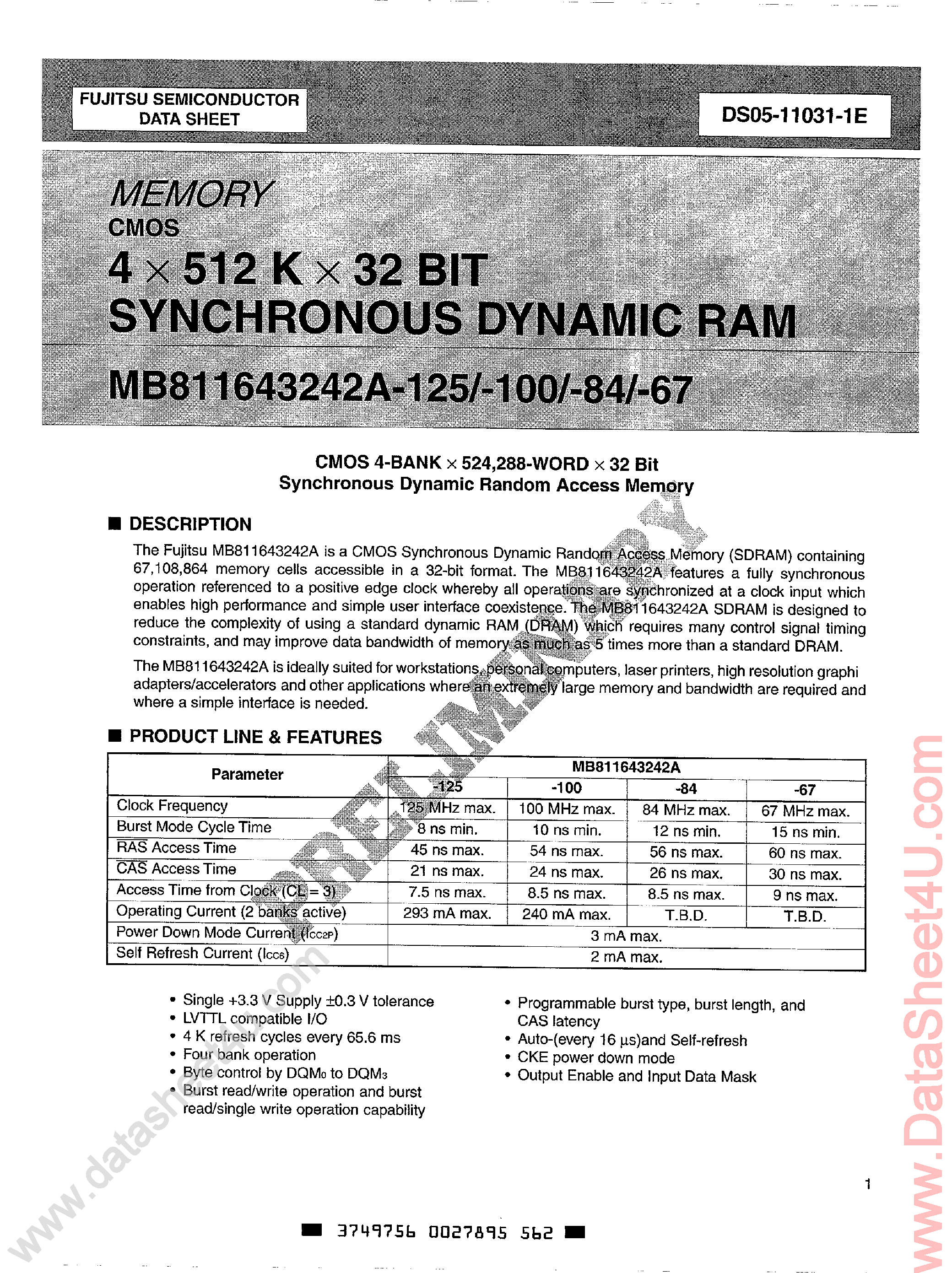 Datasheet MB811643242A - 2 x 512K x 32-Bit SDRAM page 1