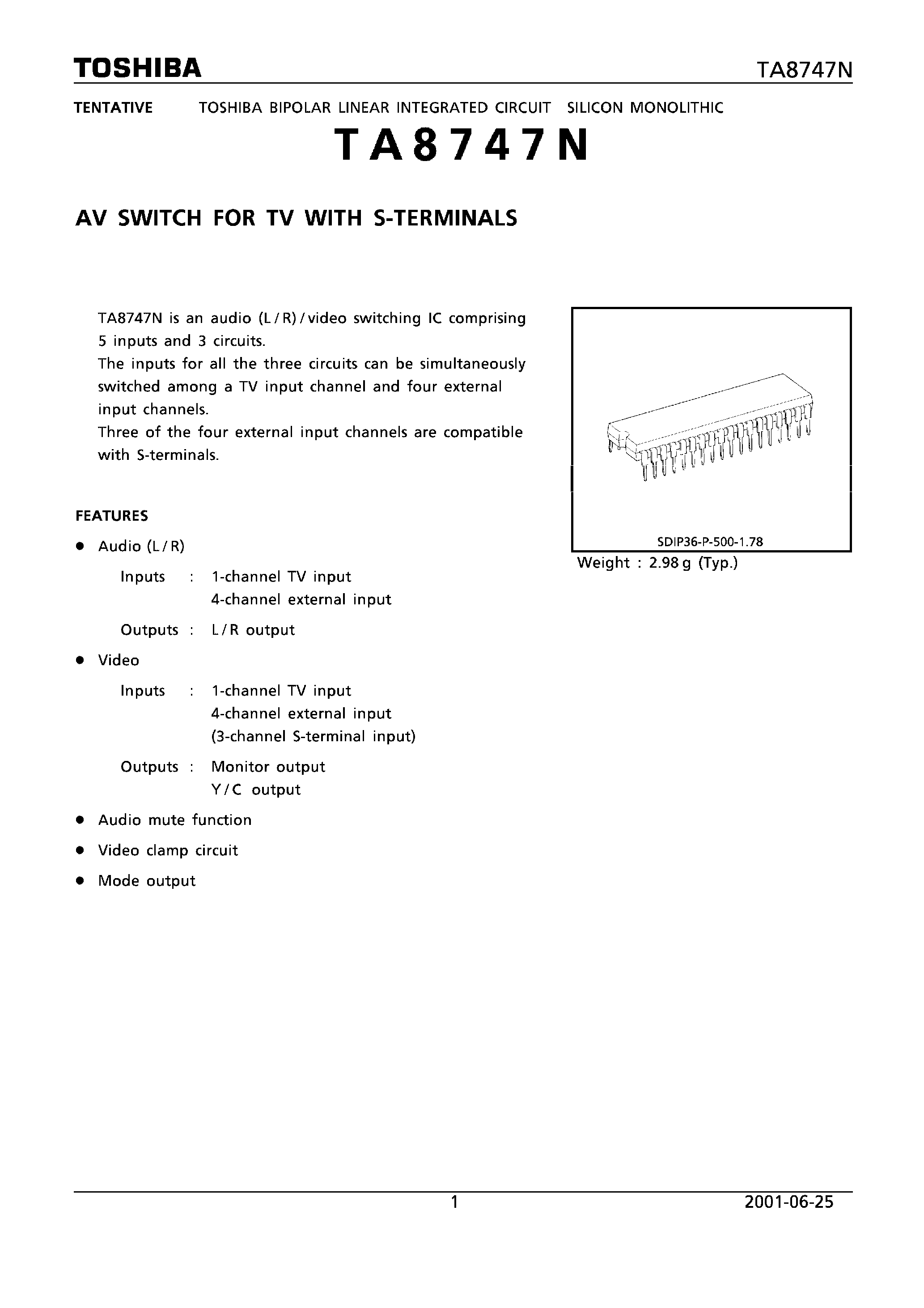 Datasheet TA8747N - AV SWITCH FOR TV WITH S - TERMINALS page 1