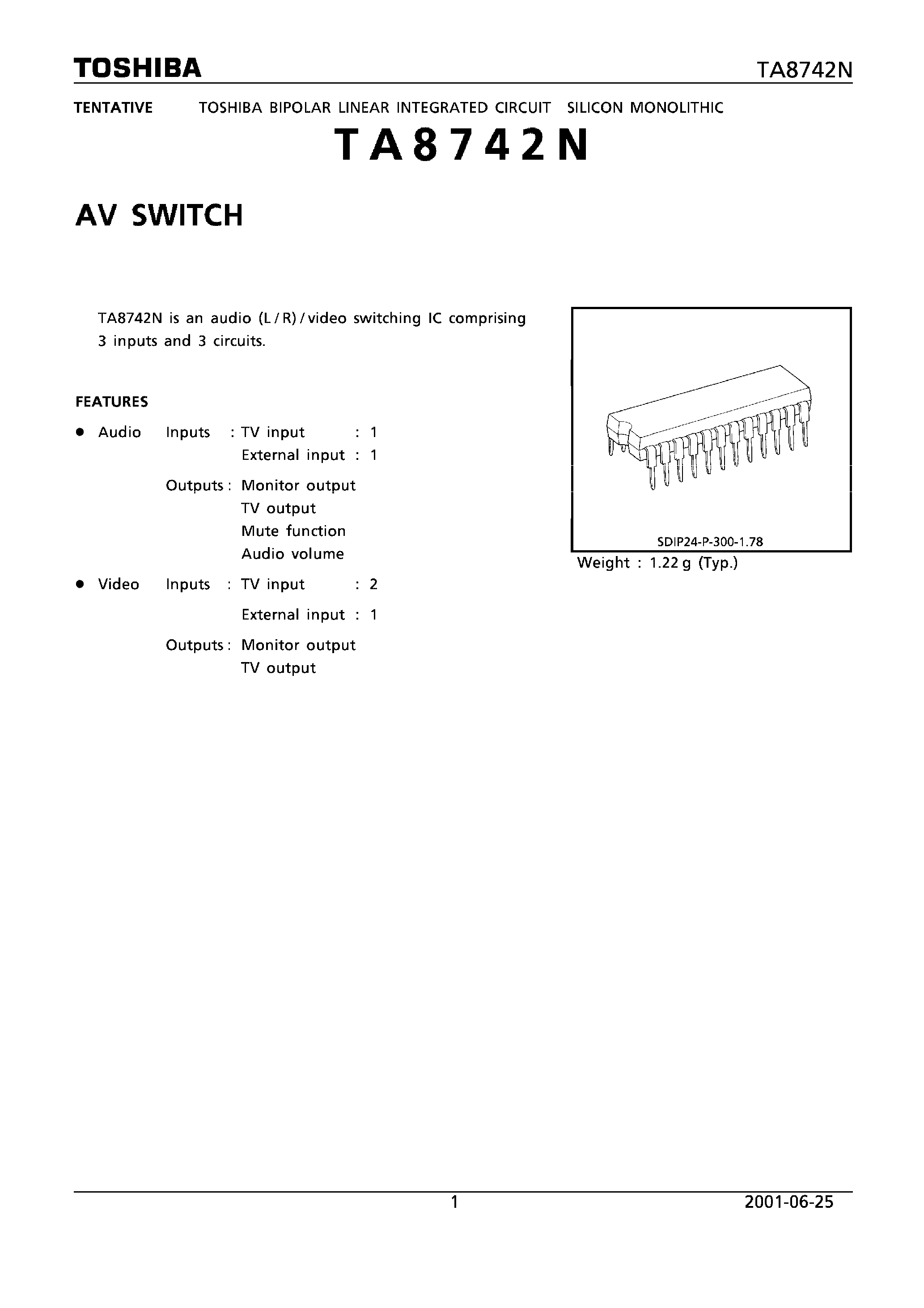 Datasheet TA8742N page 1 Datasheet TA8742N - AV SWITCH page 1