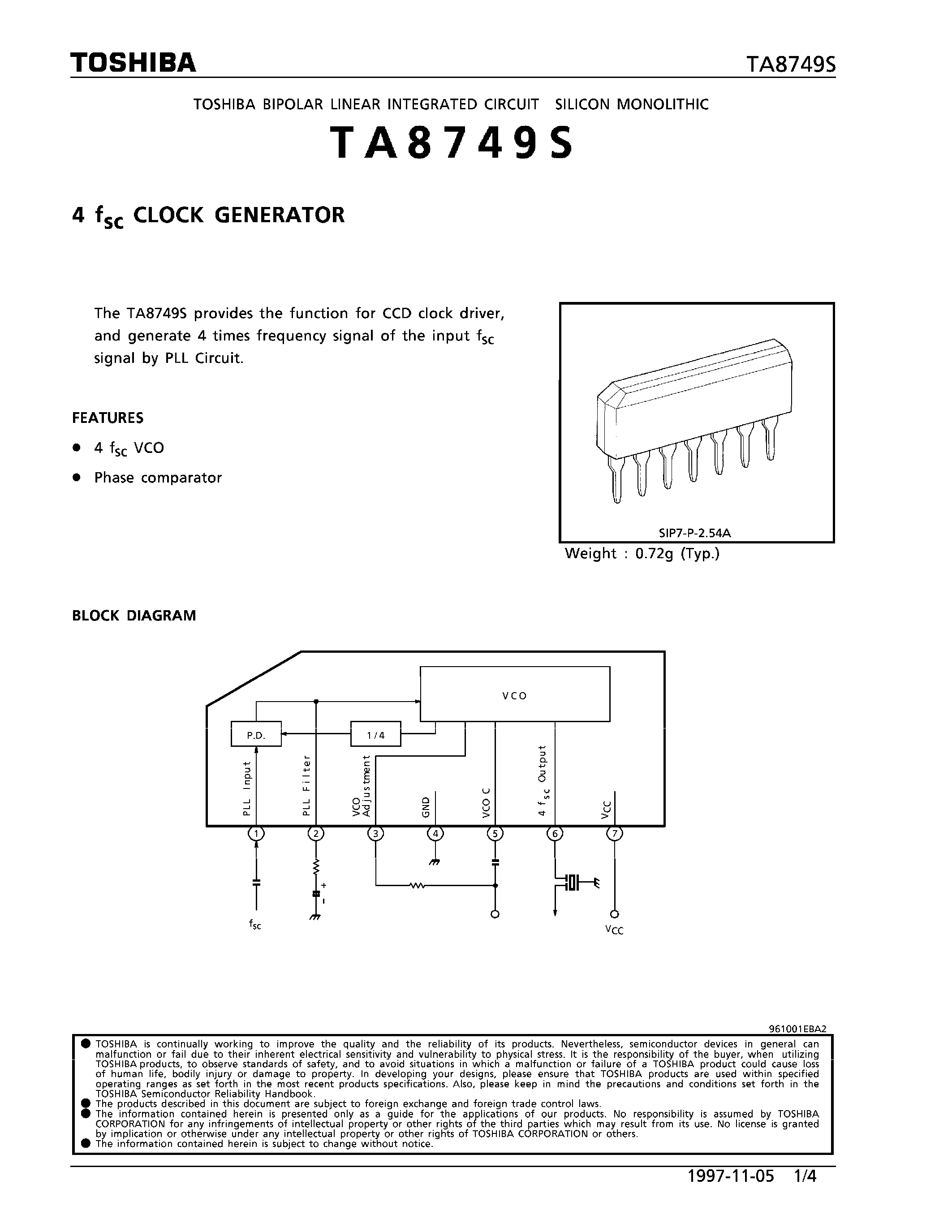 Даташит TA8749S - 4 fsc CLOCK GENERATOR страница 1