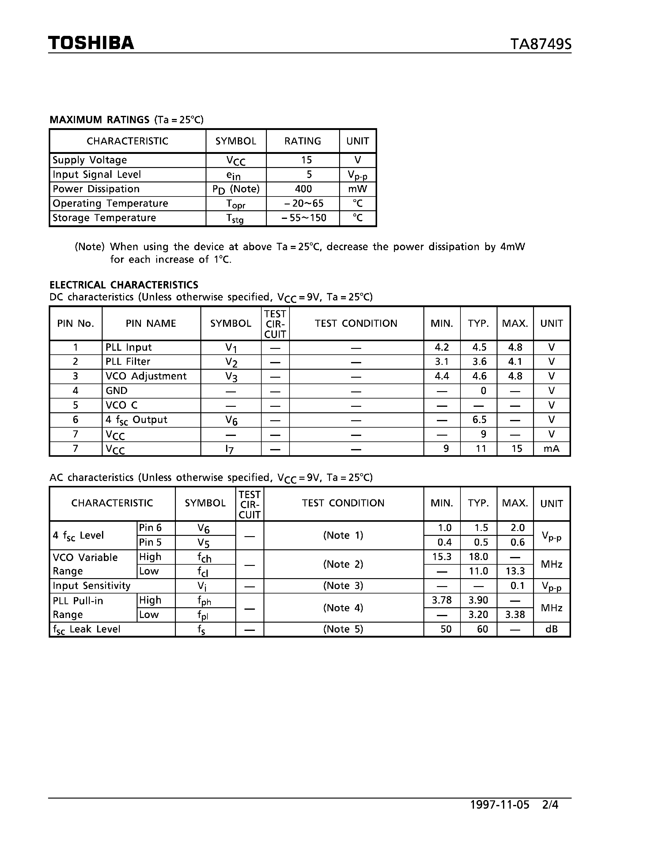 Даташит TA8749S - 4 fsc CLOCK GENERATOR страница 2