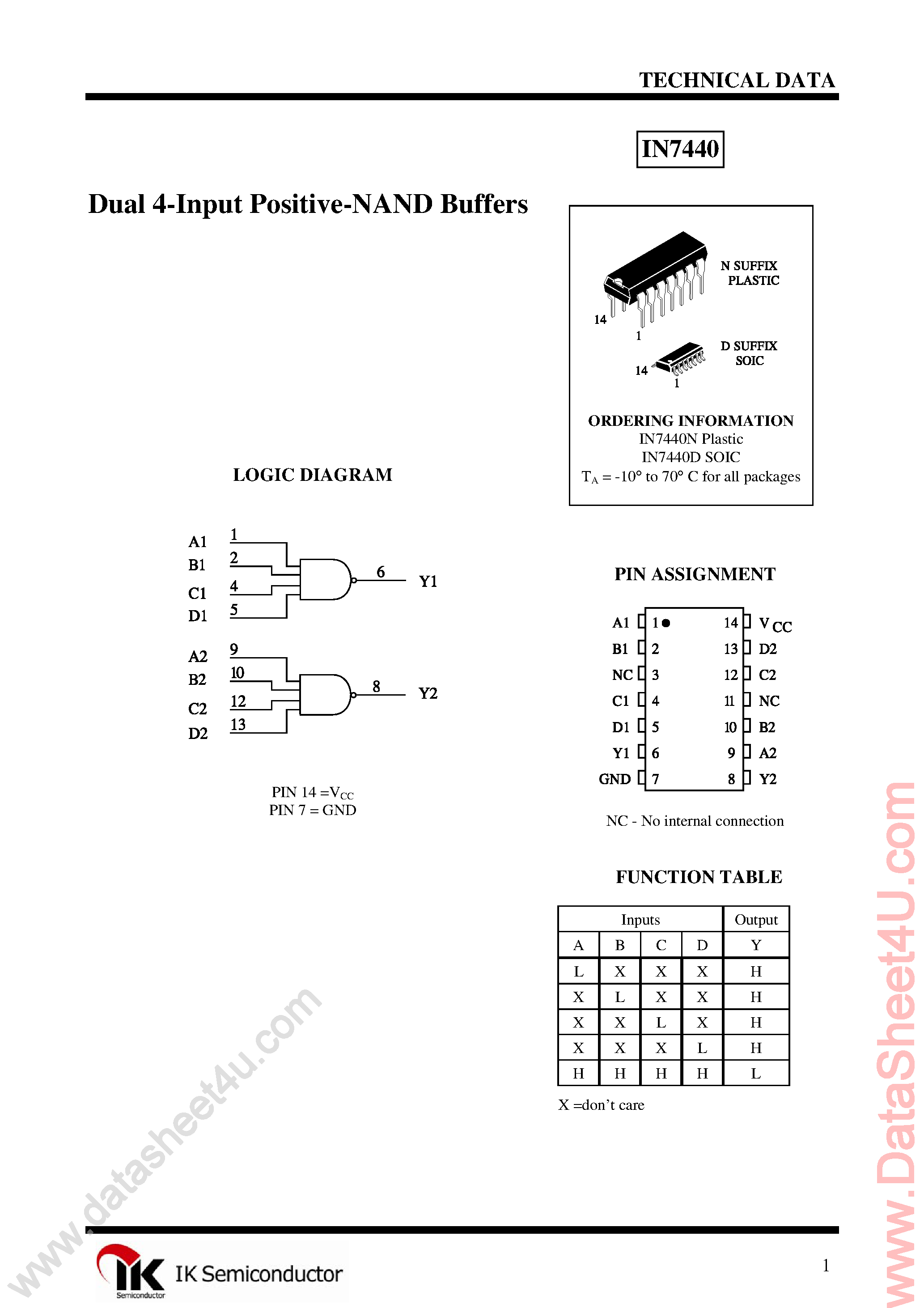 Даташит IN7440 - Dual 4-Input NAND Buffer страница 1