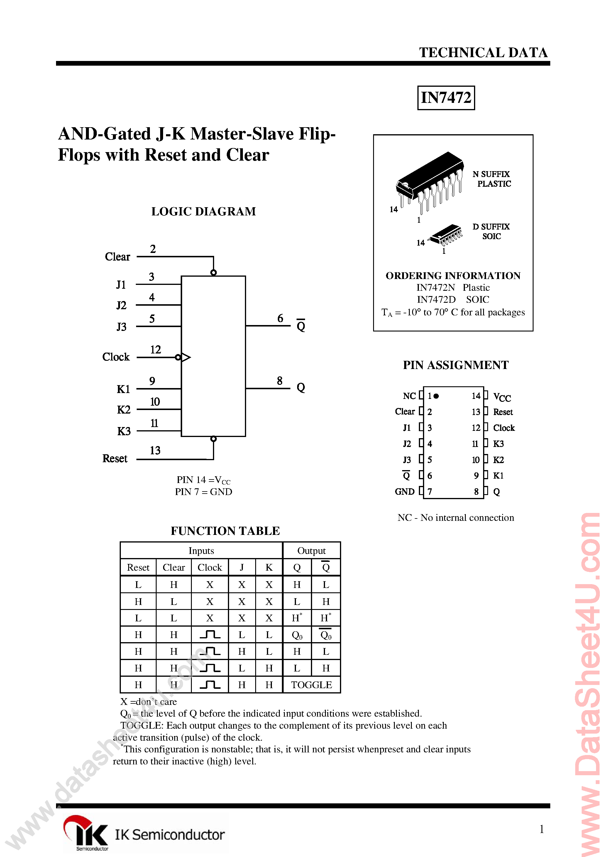 Datasheet IN7472 page 1 Datasheet IN7472 - J-K Flip-Flop page 1