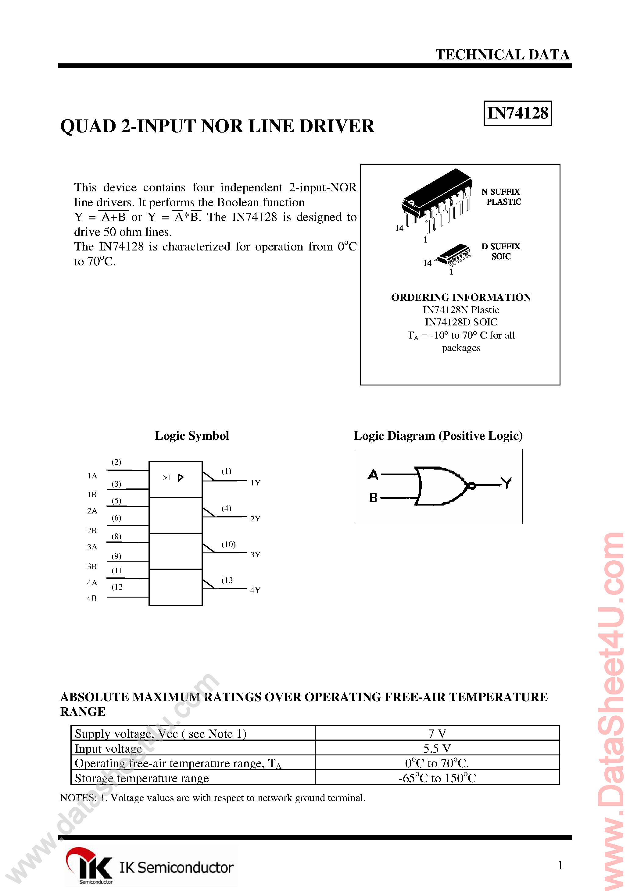 Datasheet IN74128 page 1 Datasheet IN74128 - Quad 2-Input NOR Line Driver page 1