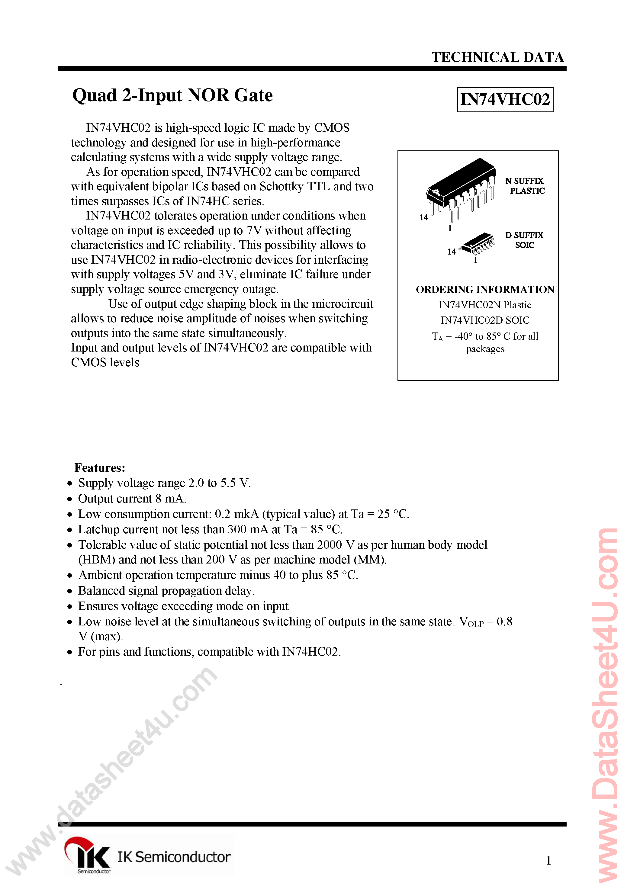 Datasheet IN74VHC02 - Quad 2-Input NOR Gate page 1