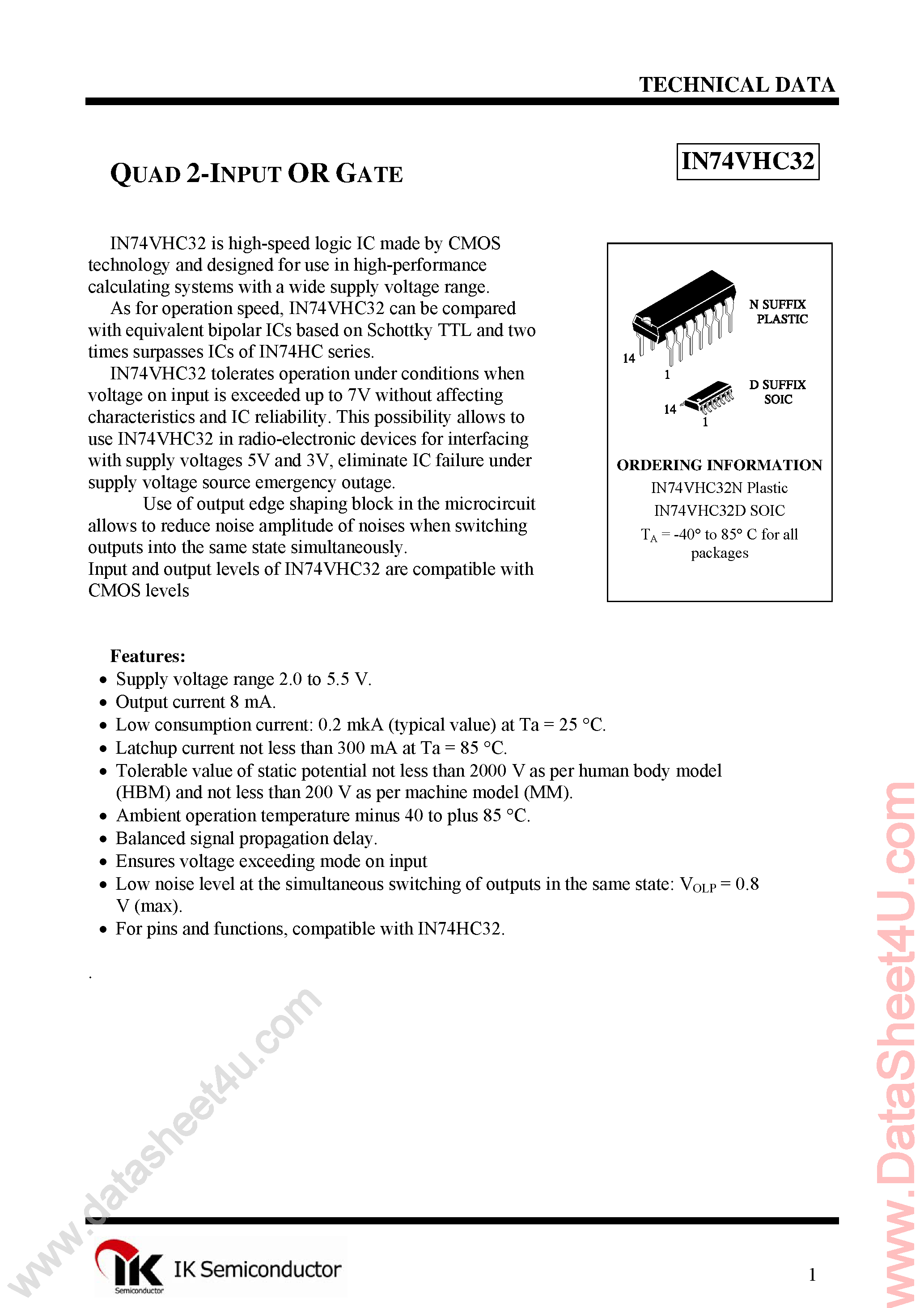 Даташит IN74VHC32 - Quad 2-Input AND Gate страница 1