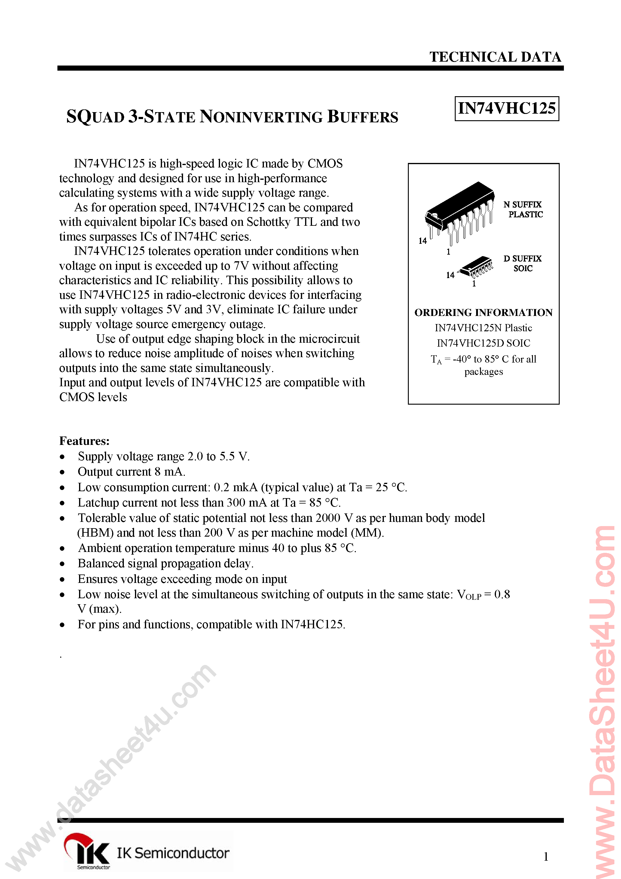 Datasheet IN74VHC125 - Quad 3-State Buffer page 1