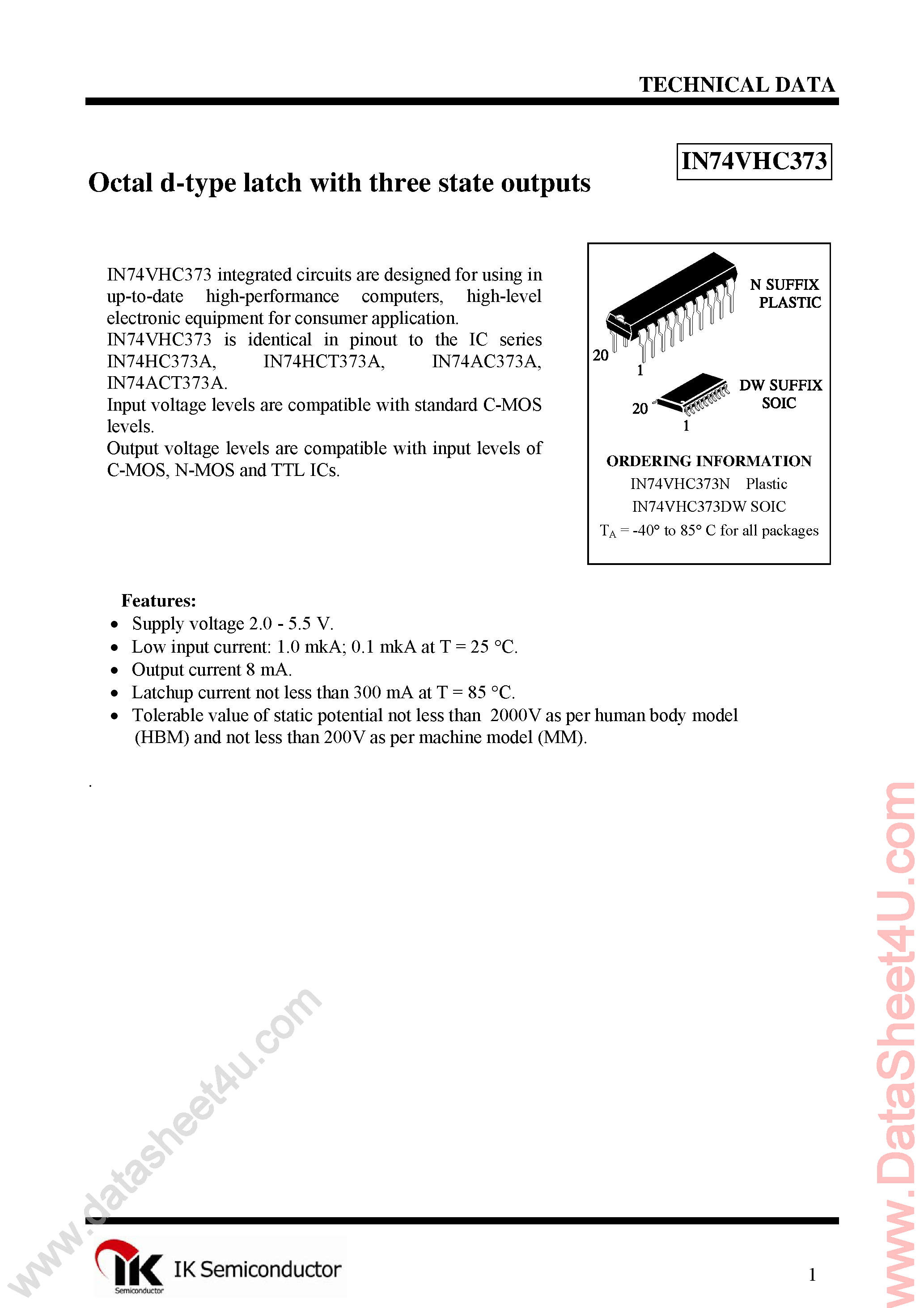Даташит IN74VHC373 - Octal D-Type Latch страница 1
