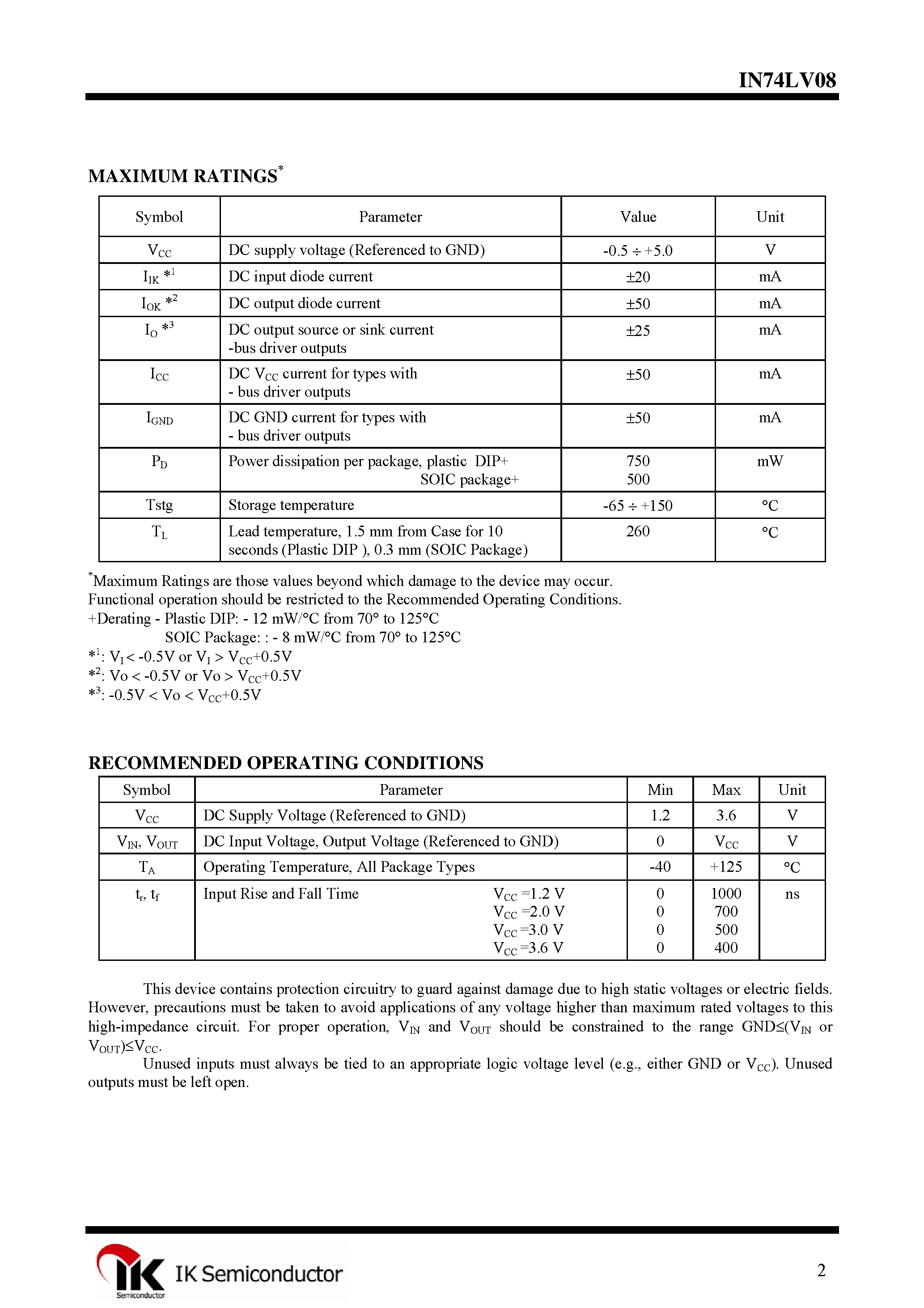 Datasheet IN74LV08 page 2 Datasheet IN74LV08 - Quad 2-Input AND Gate page 2