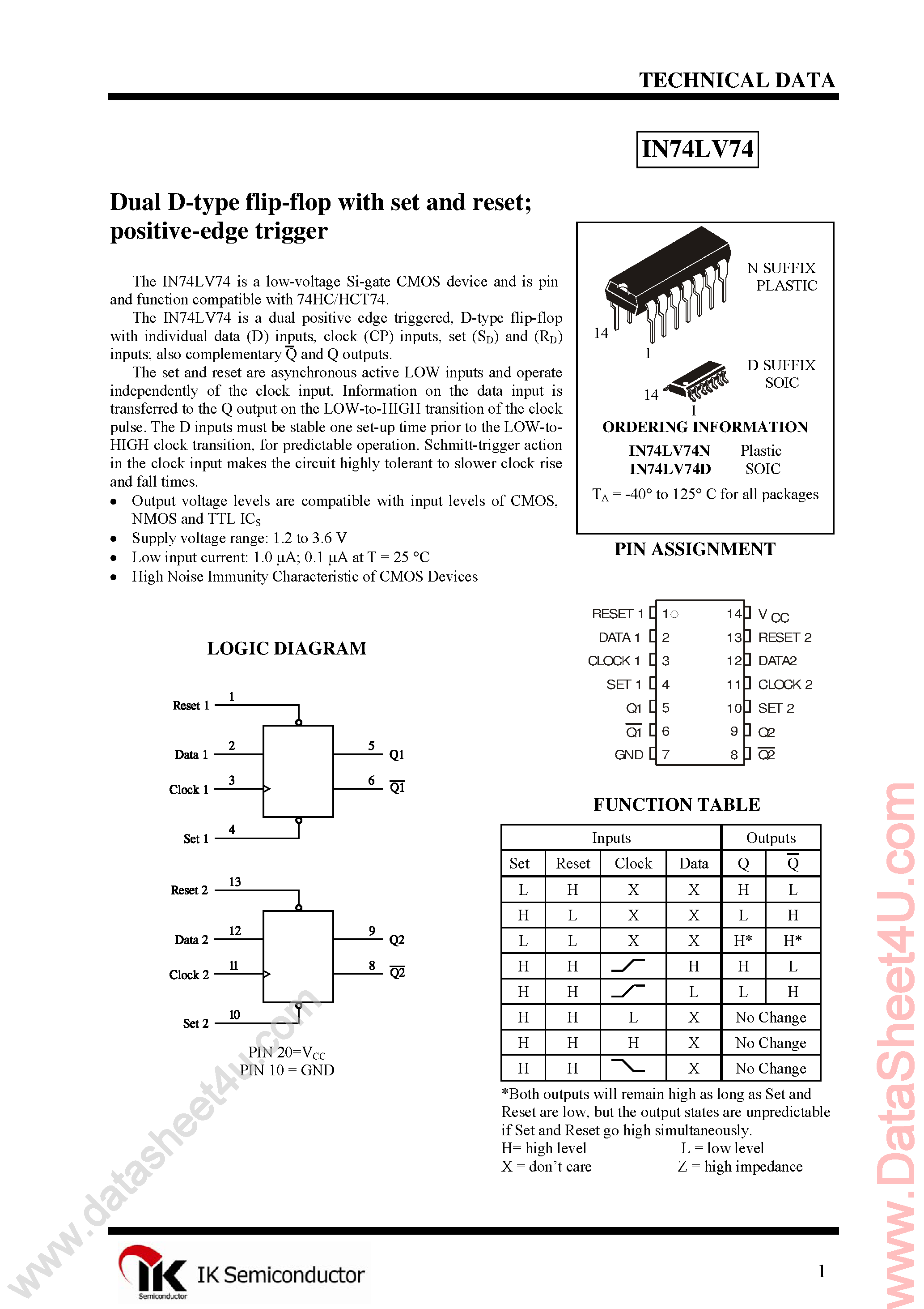Даташит IN74LV74 - Dual D-Type Flip-Flop страница 1