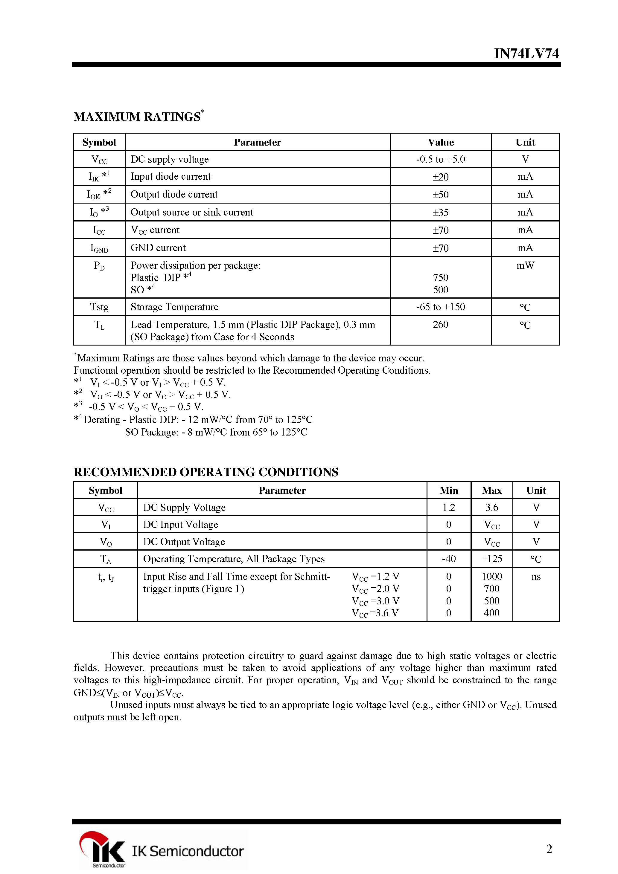 Даташит IN74LV74 - Dual D-Type Flip-Flop страница 2