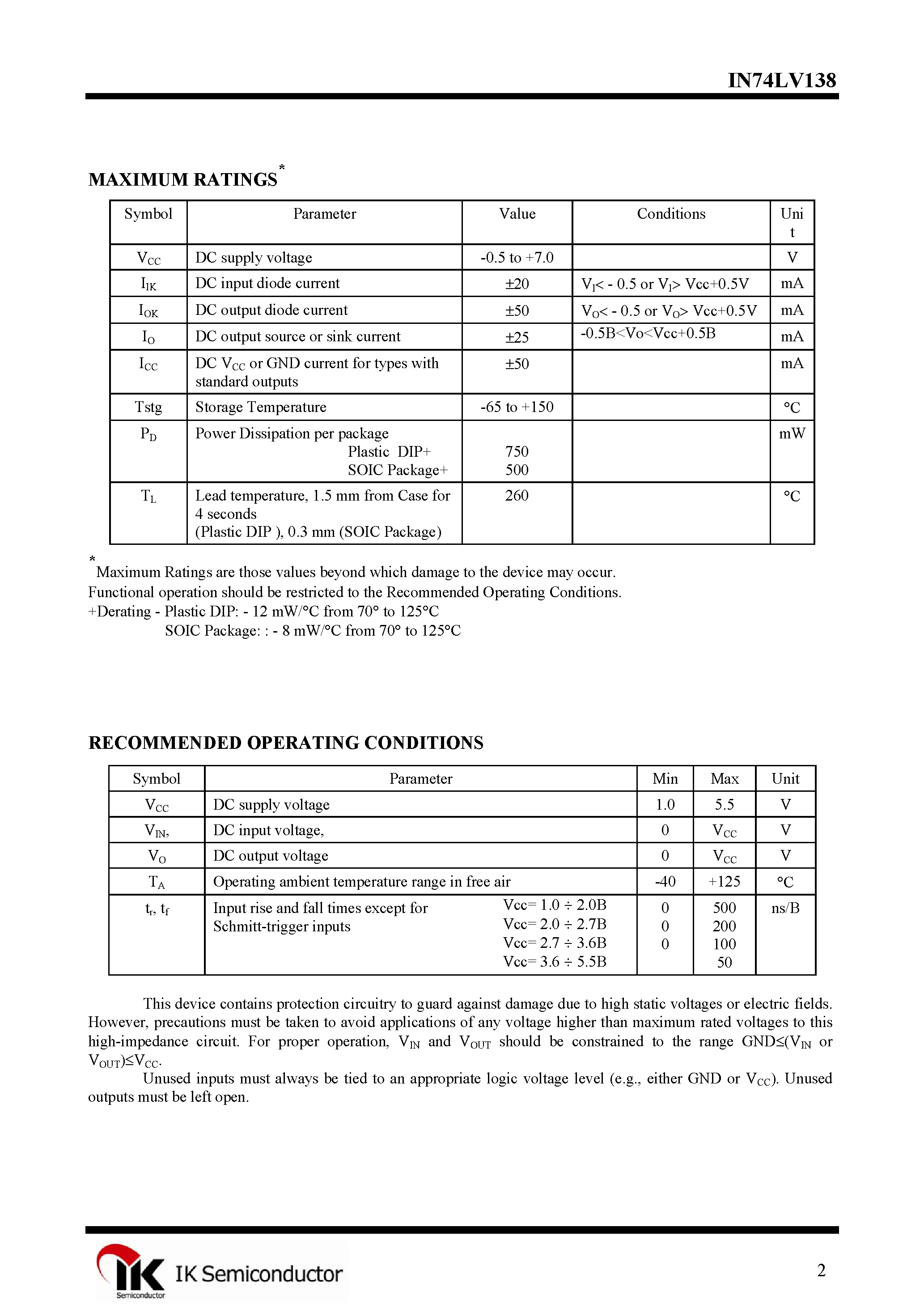 Datasheet IN74LV138 - 3-8 Decoder/Demultiplexer page 2