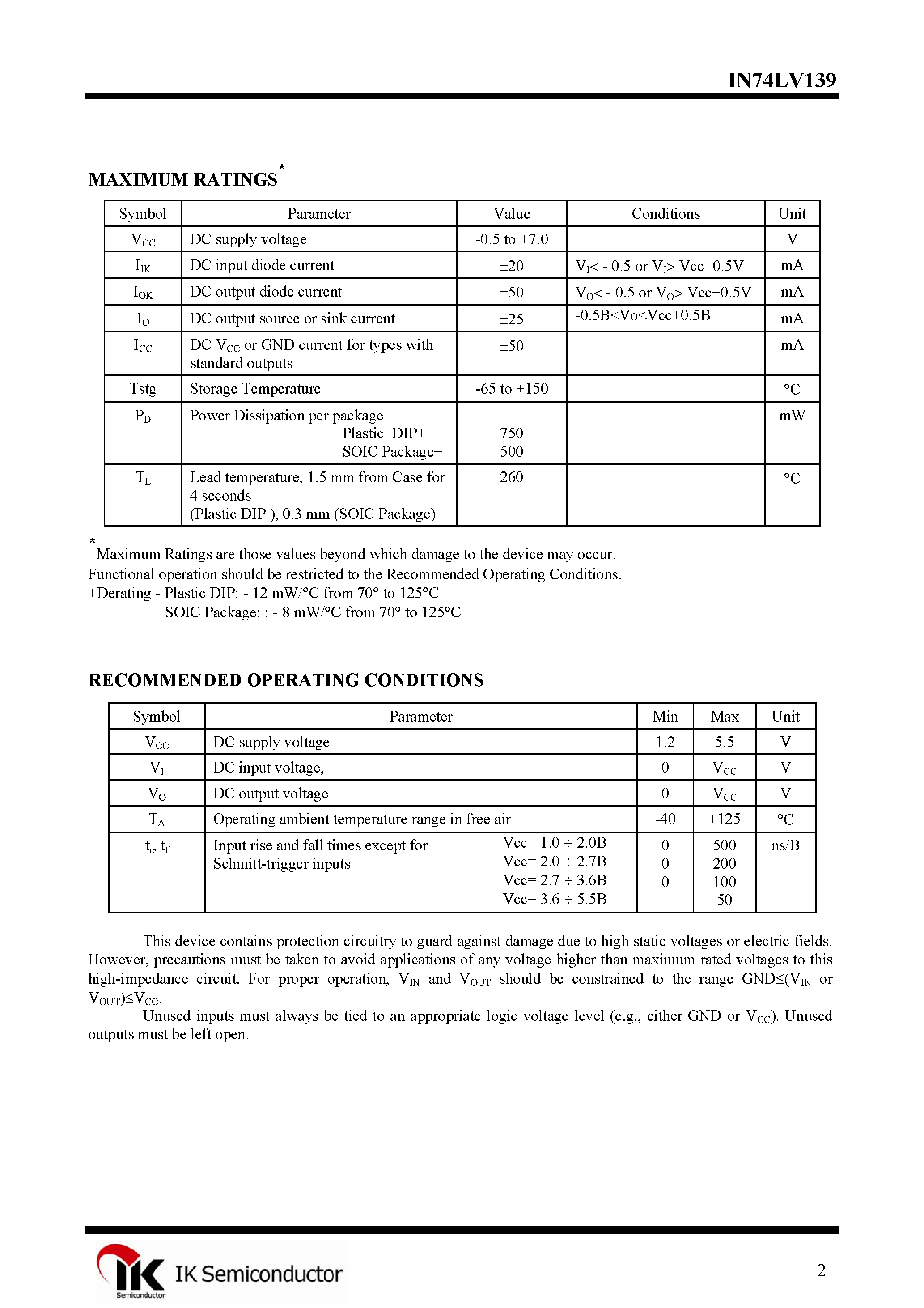 Datasheet IN74LV139 - Dual 2-4 Decoder/Demultiplexer page 2
