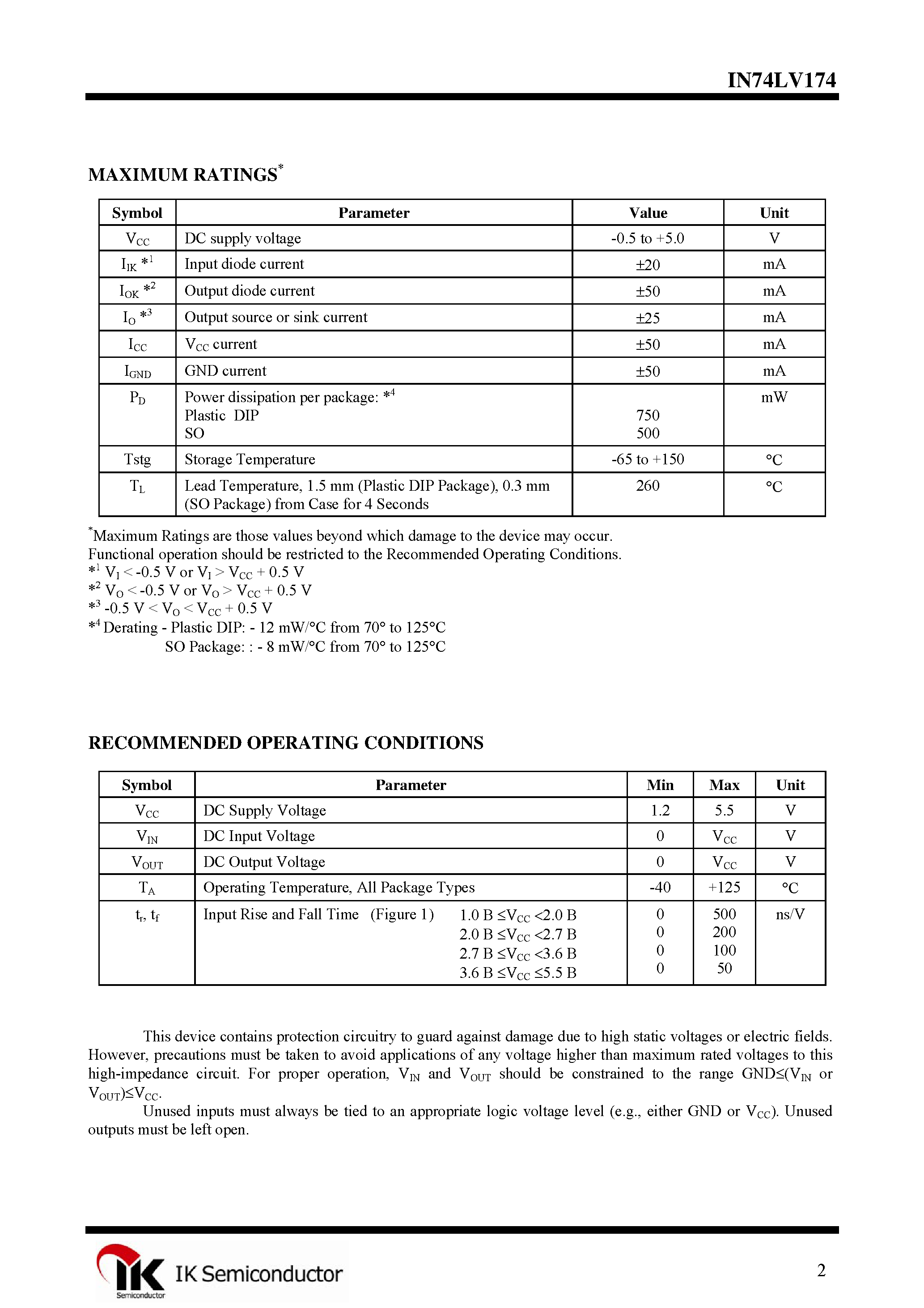Даташит IN74LV174 - Hex D-Type Flip-Flop страница 2