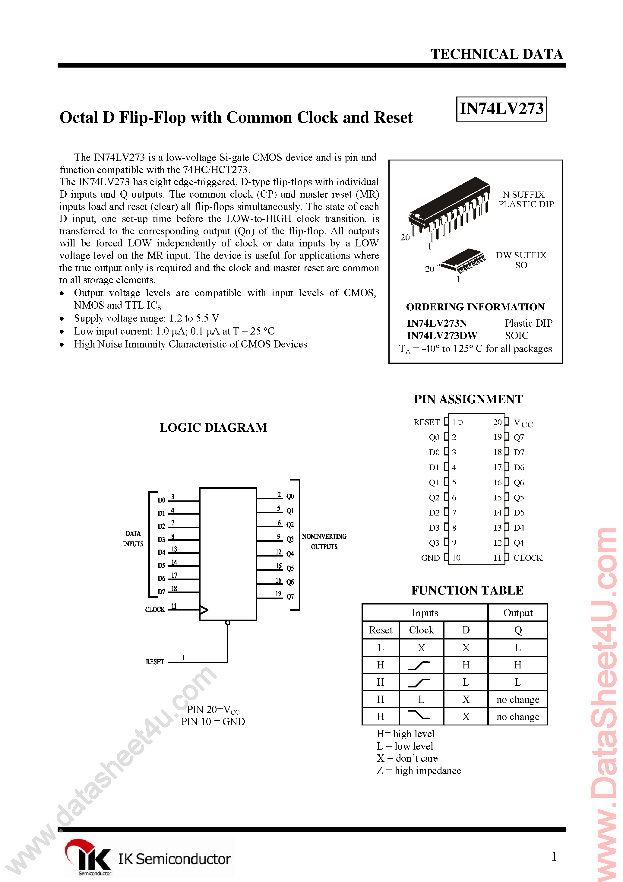 Даташит IN74LV273 - Octal D-Type Flip-Flop страница 1