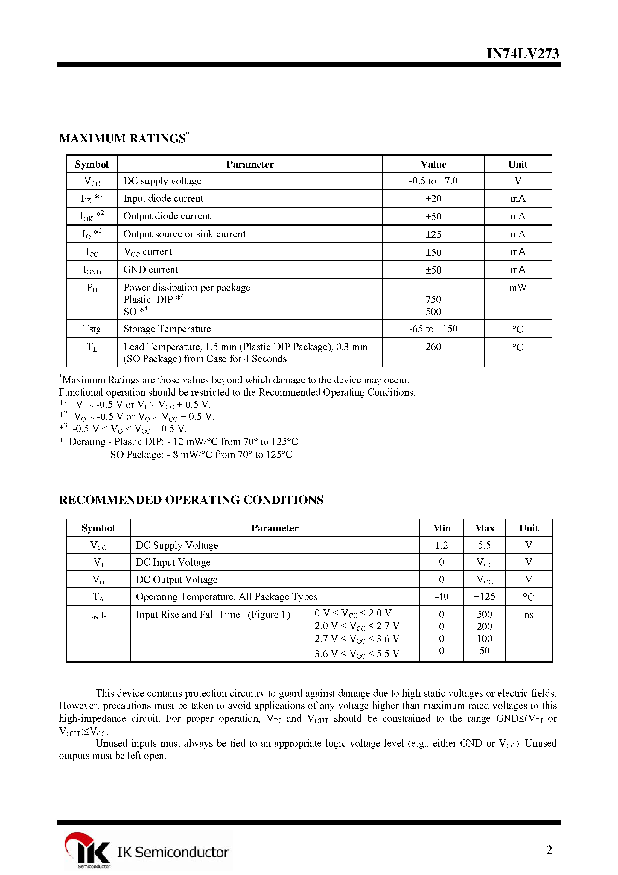 Даташит IN74LV273 - Octal D-Type Flip-Flop страница 2