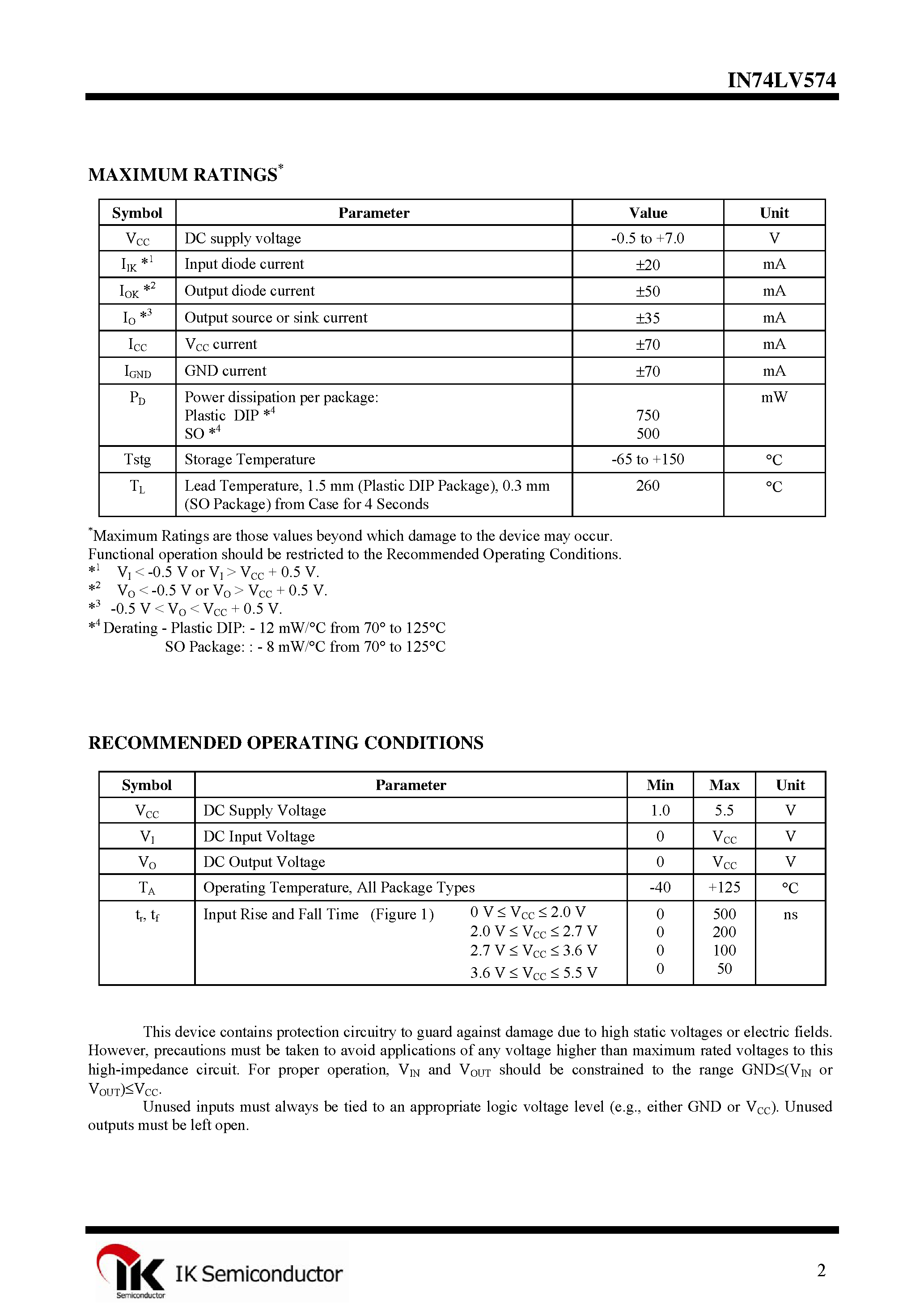 Даташит IN74LV574 - Octal D-Type Flip-Flop страница 2