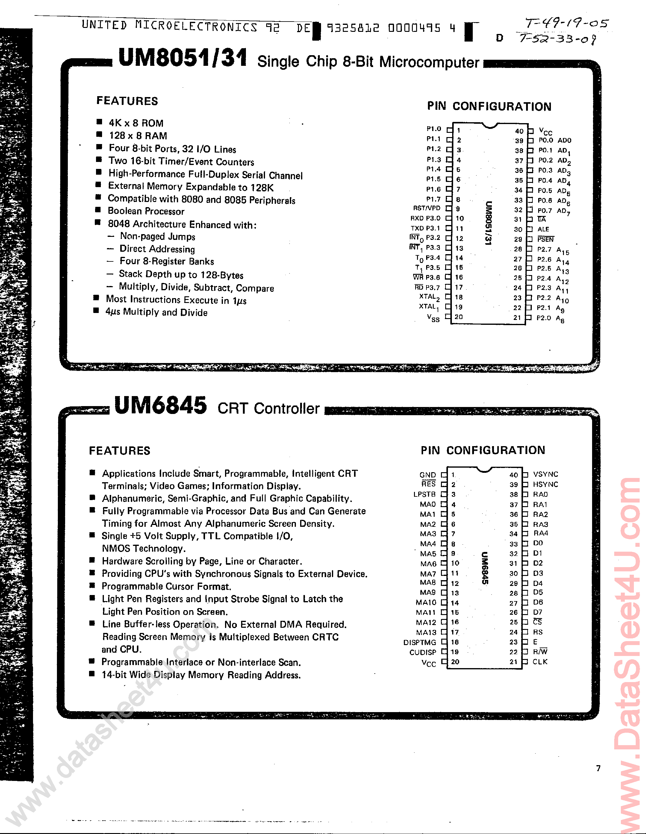 Datasheet UM8031 page 1 Datasheet UM8031 - (UM8031 / UM8051) Single Chip 8-Bit Microcontroller page 1