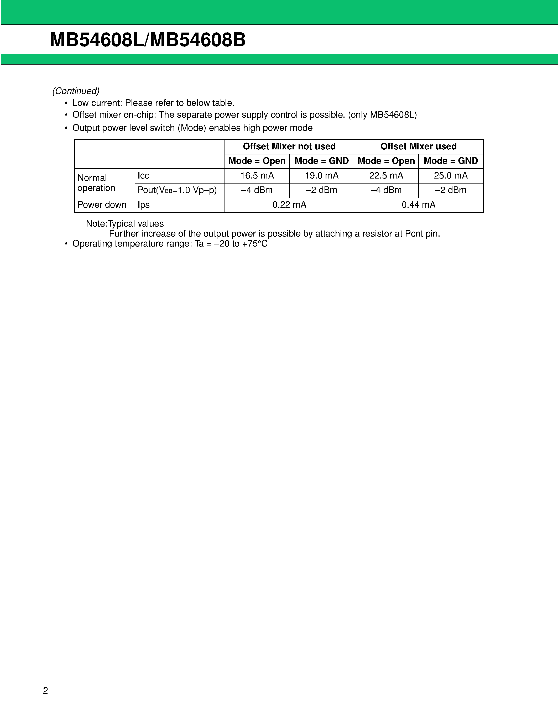 Datasheet MB54608B - 1.0 GHz band Low Power I/Q Modulator For Direct Conversion page 2