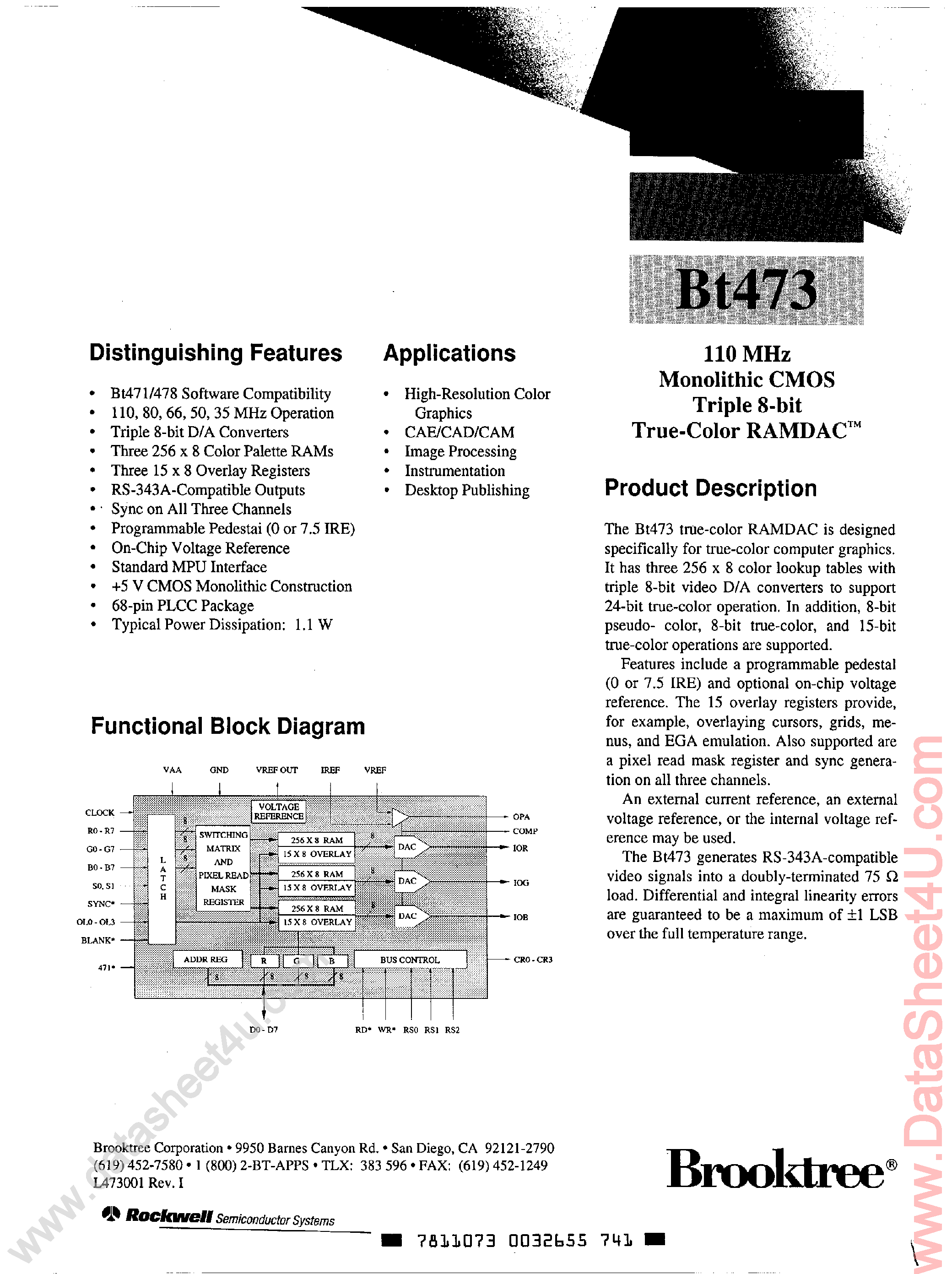 Даташит на микросхему BT473 страница 1 Даташит BT473 - (BT473 Series) Monolithic CMOS Triple 8-Bit True-Color RAMDAC страница 1