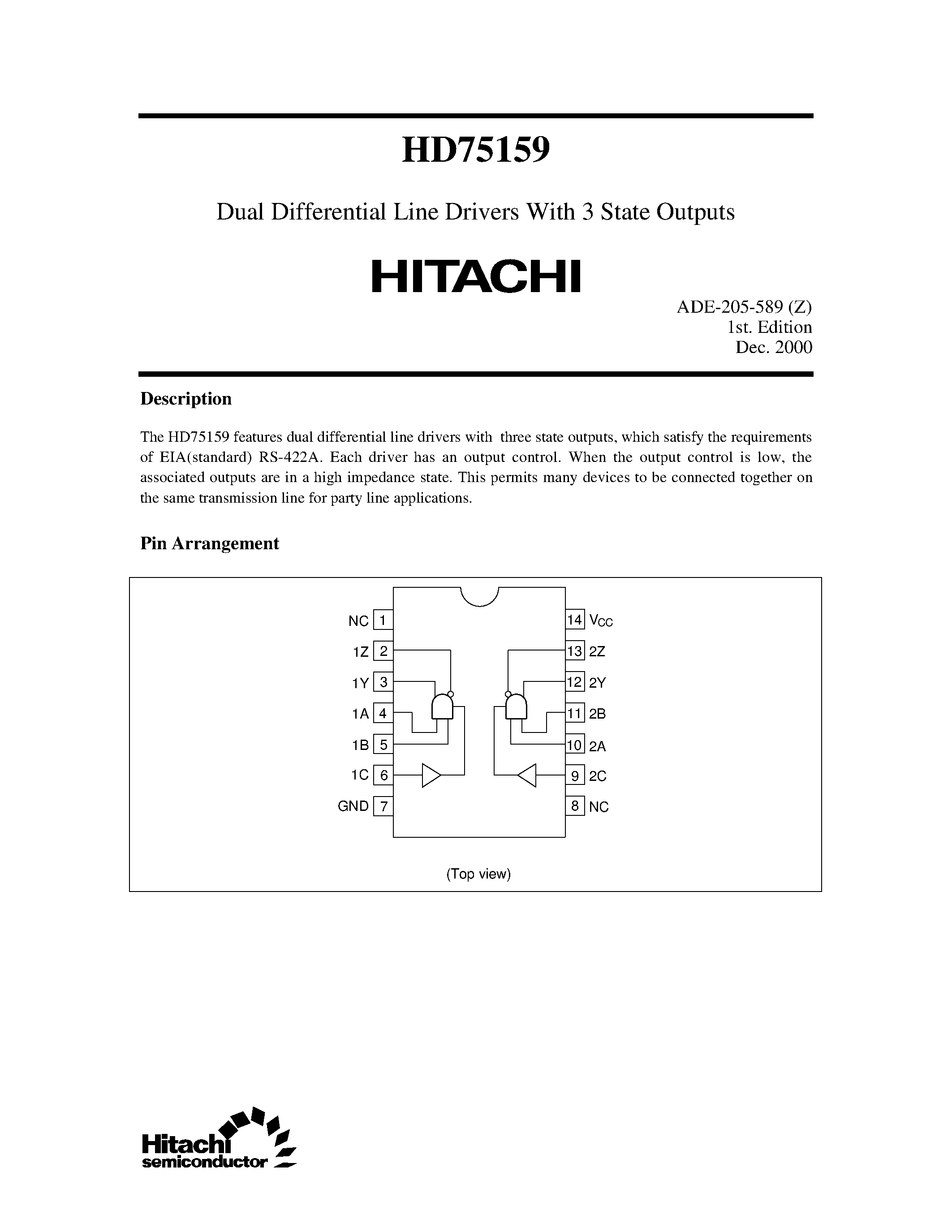 Даташит HD75159 - Dual Differential Line Drivers With 3 State Outputs страница 1