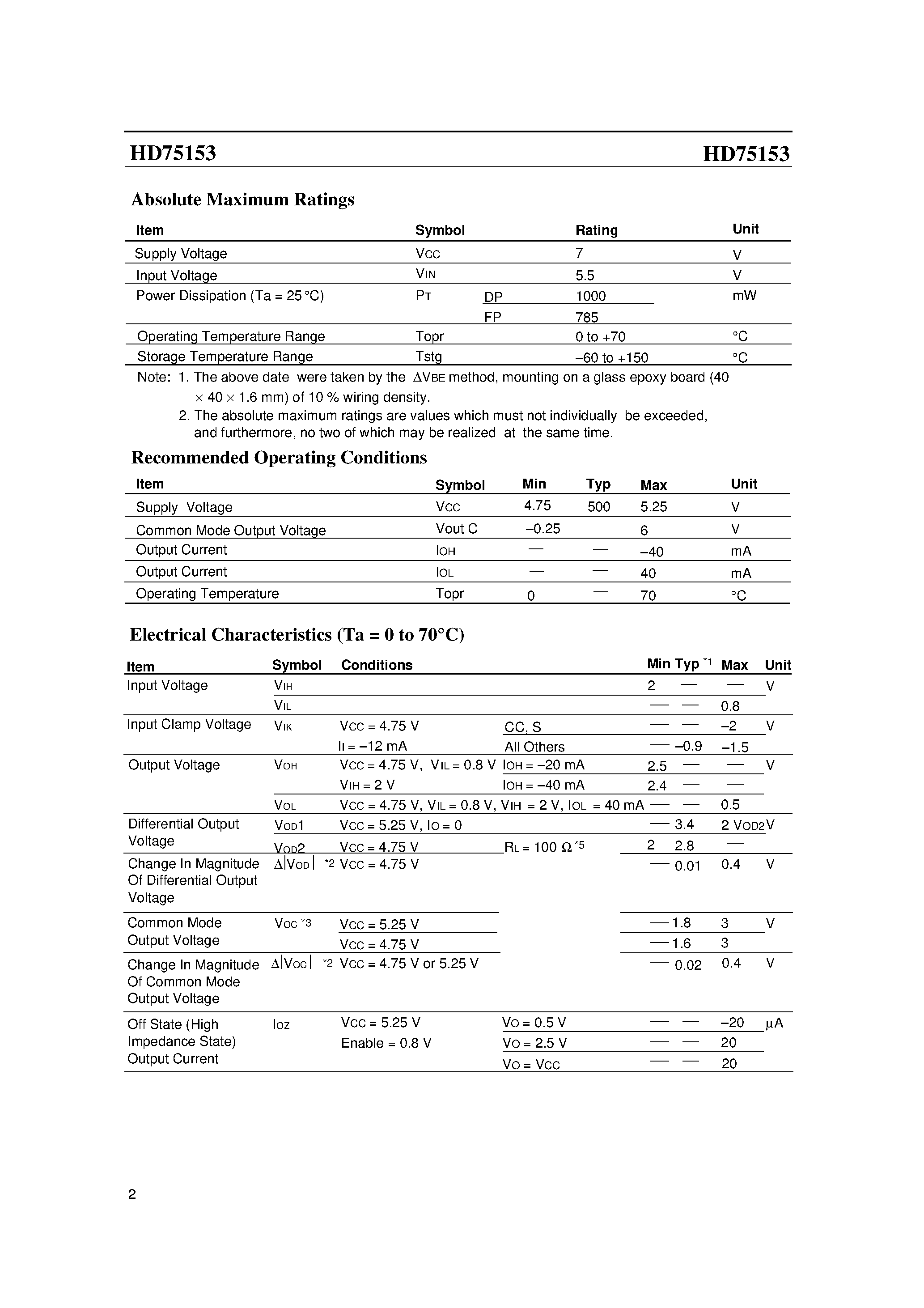 Даташит HD75153 - Quadruple Differential Line Drivers With 3 State Outputs страница 2