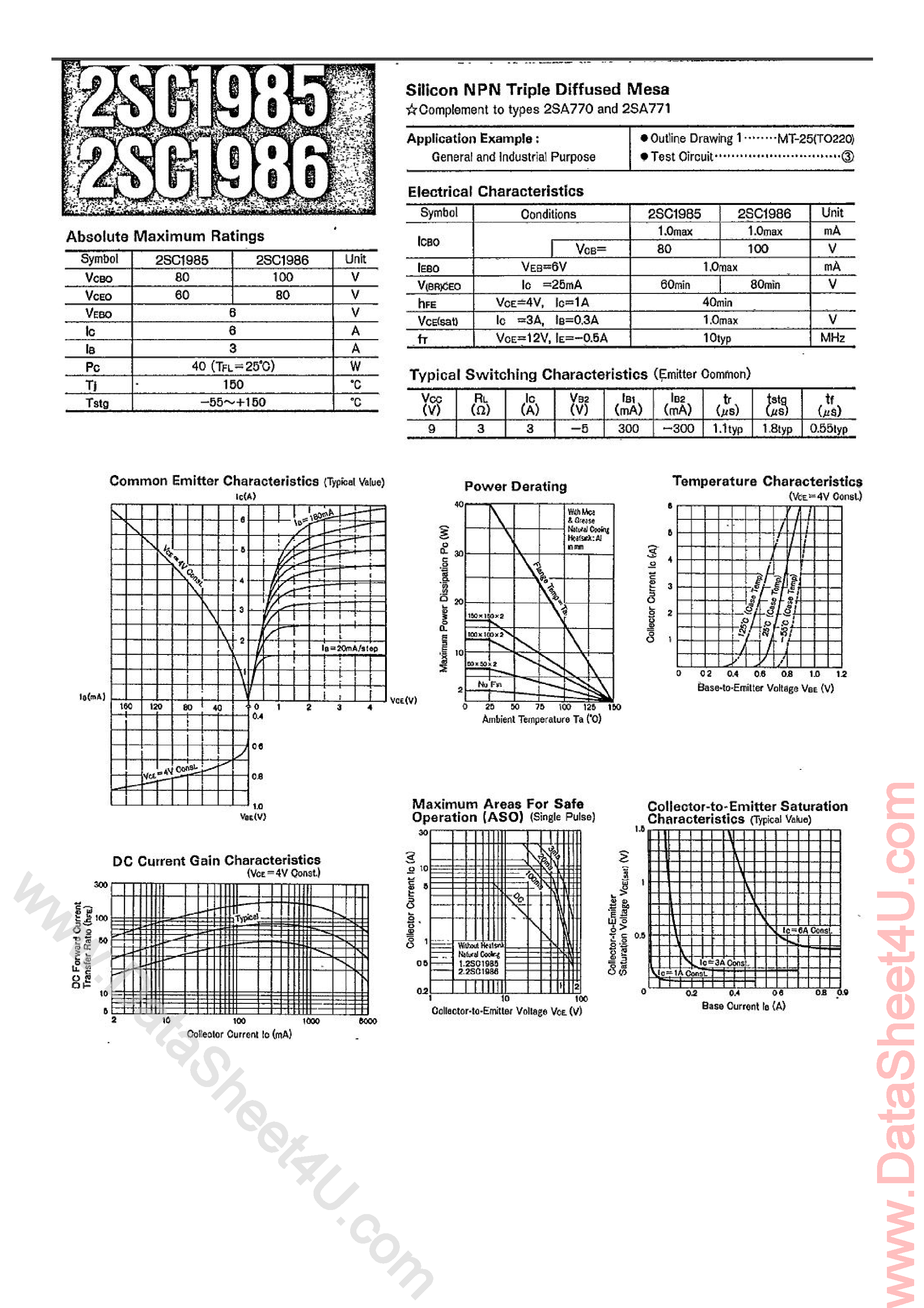 Datasheet 2SC1985 - (2SC1985 / 2SC1986) Silicon NPN Triple Diffused Mesa page 1