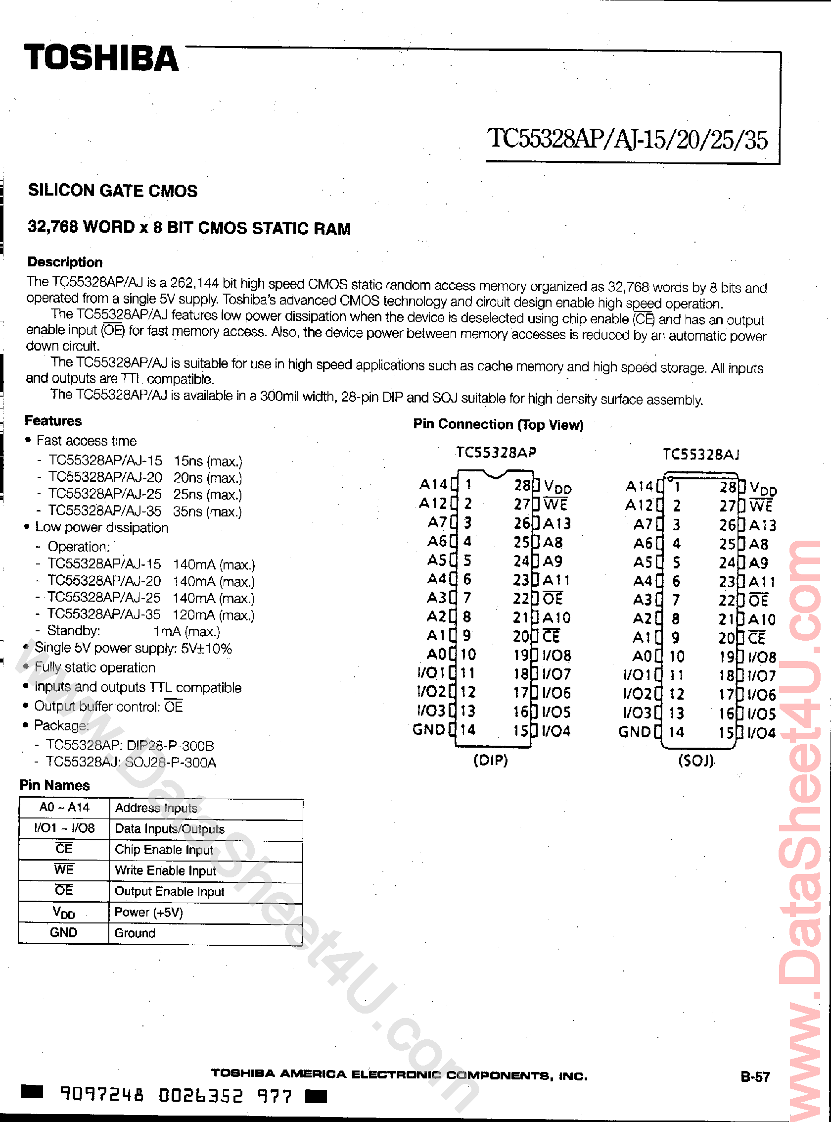 Даташит TC55328A - Silicon Gate CMOS 32768 x 8-Bit CMOS SRAM страница 1