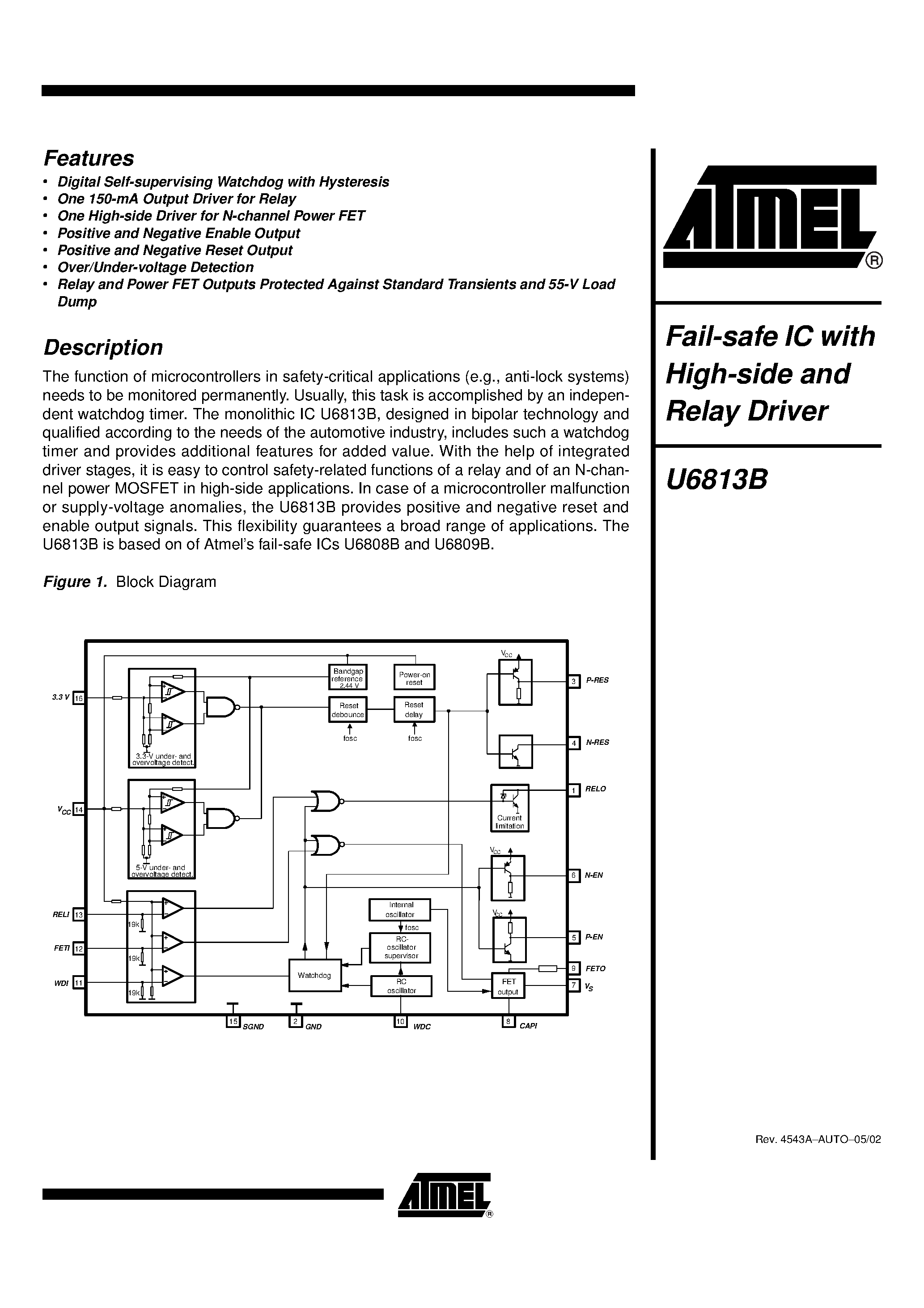 Datasheet U6813B - Fail-safe IC with High-side and Relay Driver page 1