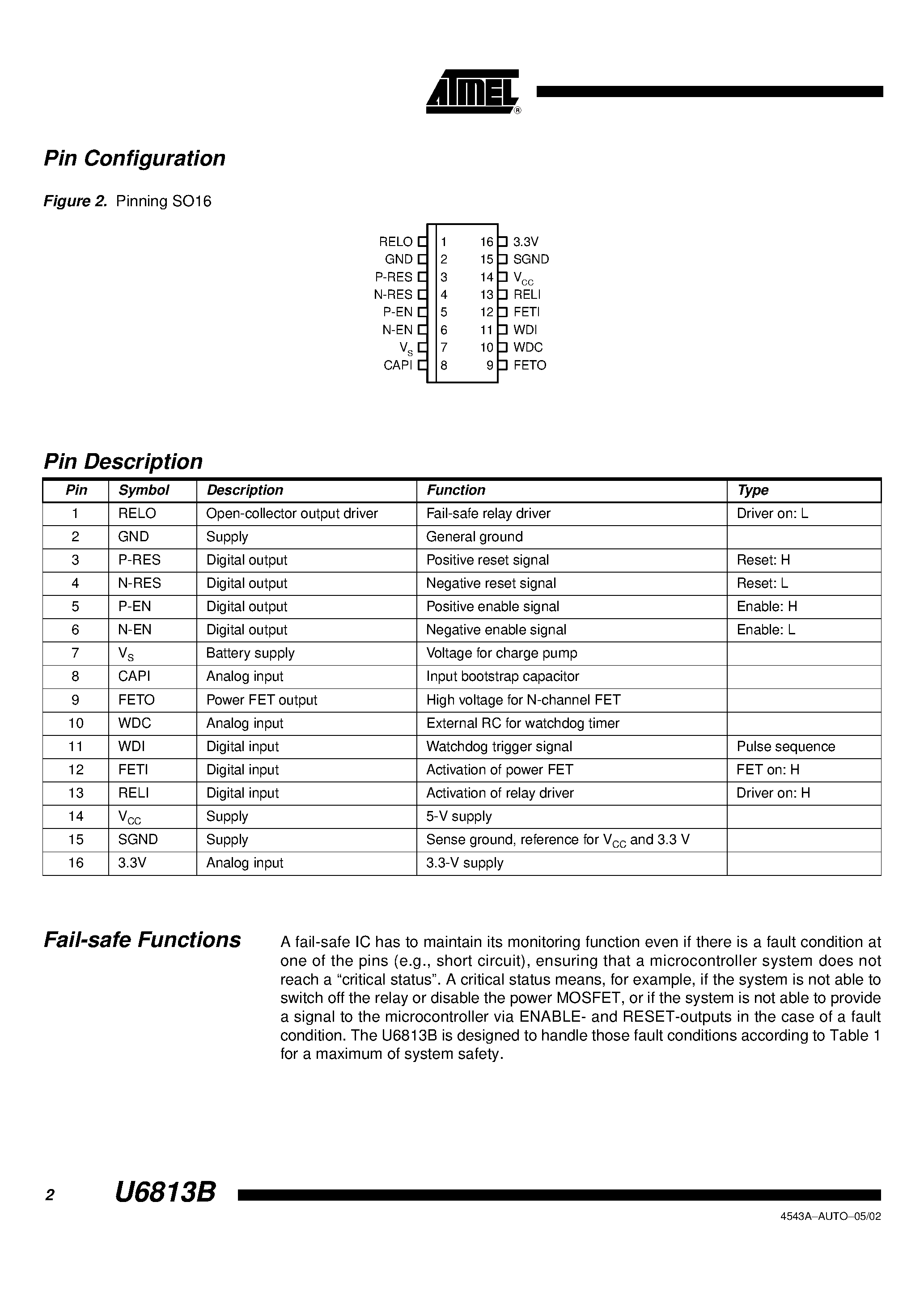Datasheet U6813B - Fail-safe IC with High-side and Relay Driver page 2