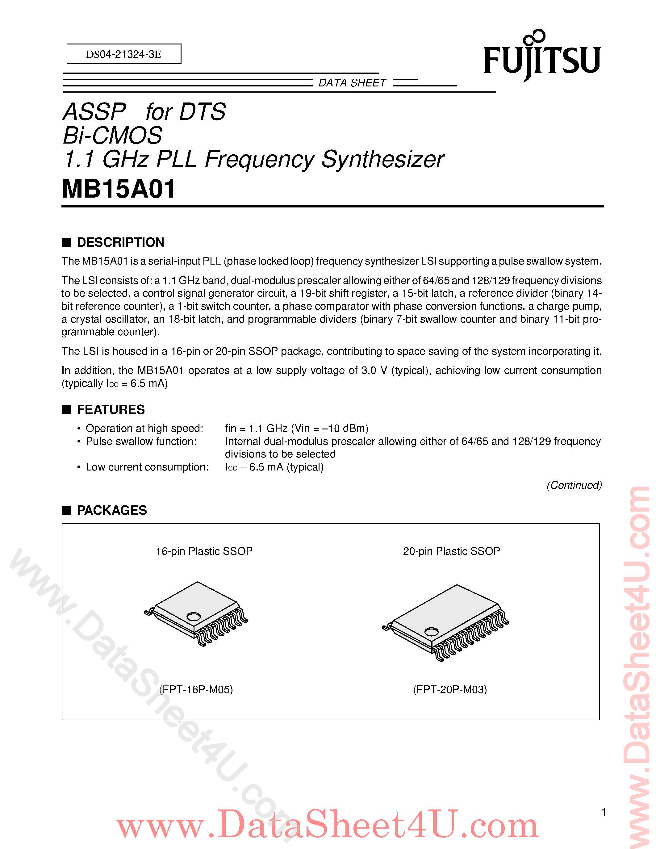 Datasheet MB15A01 - Bi-cmos 1.1 GHZ PLL Frequency Synthesizer page 1