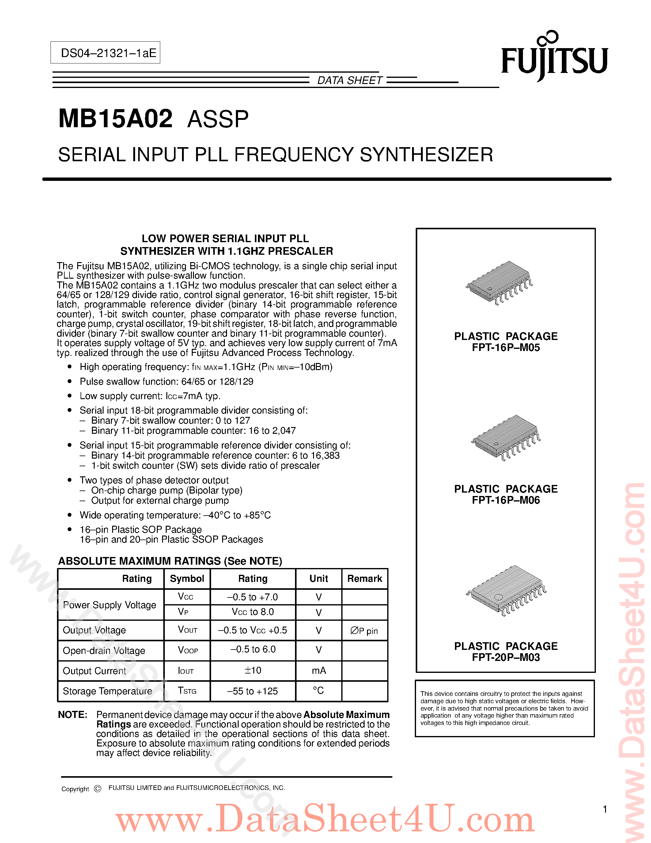 Даташит на микросхему MB15A02 страница 1 Даташит MB15A02 - Low Power Serial Input PLL Synthesizer With 1.1ghz Prescaler страница 1