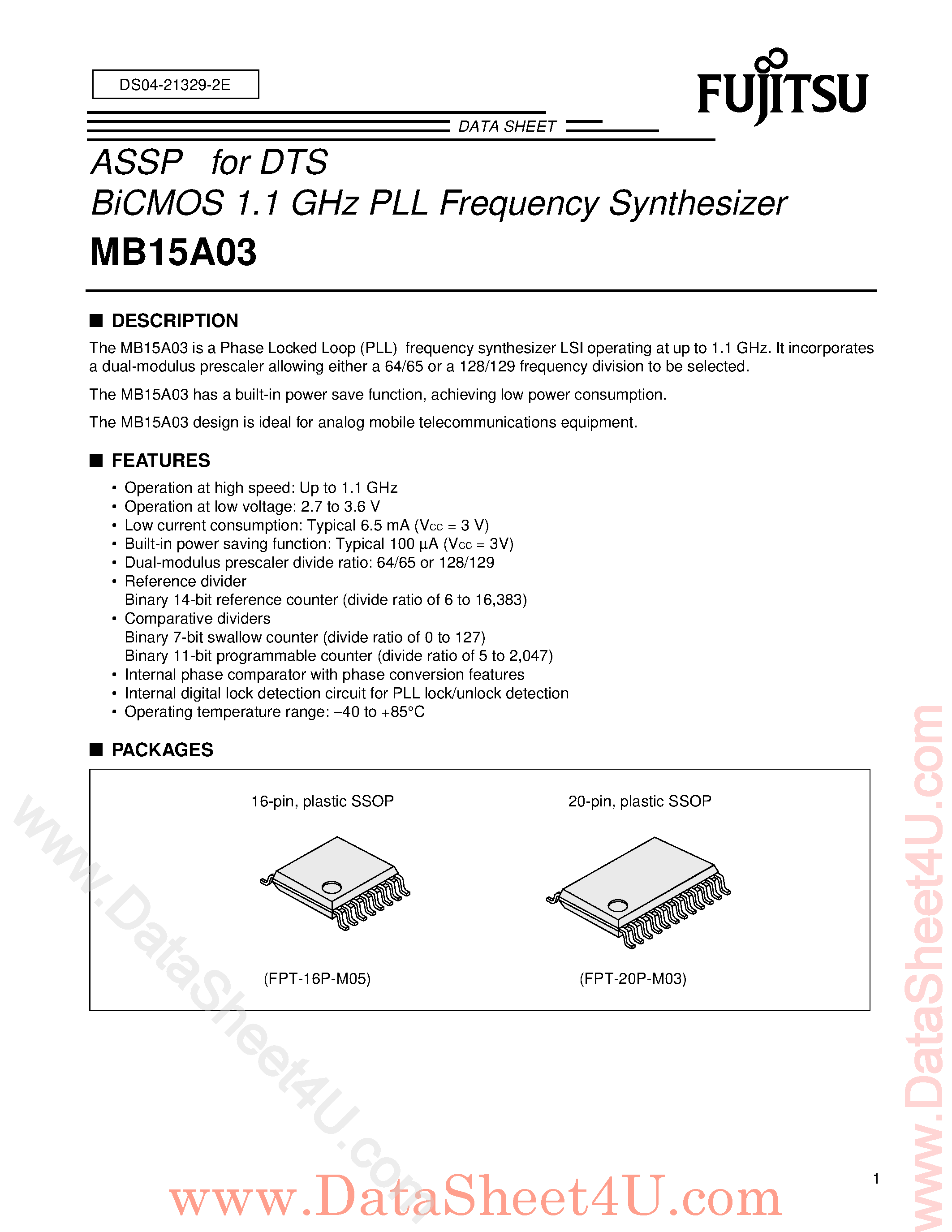 Datasheet MB15A03 - Bicmos 1.1 GHZ PLL Frequency Synthesizer page 1