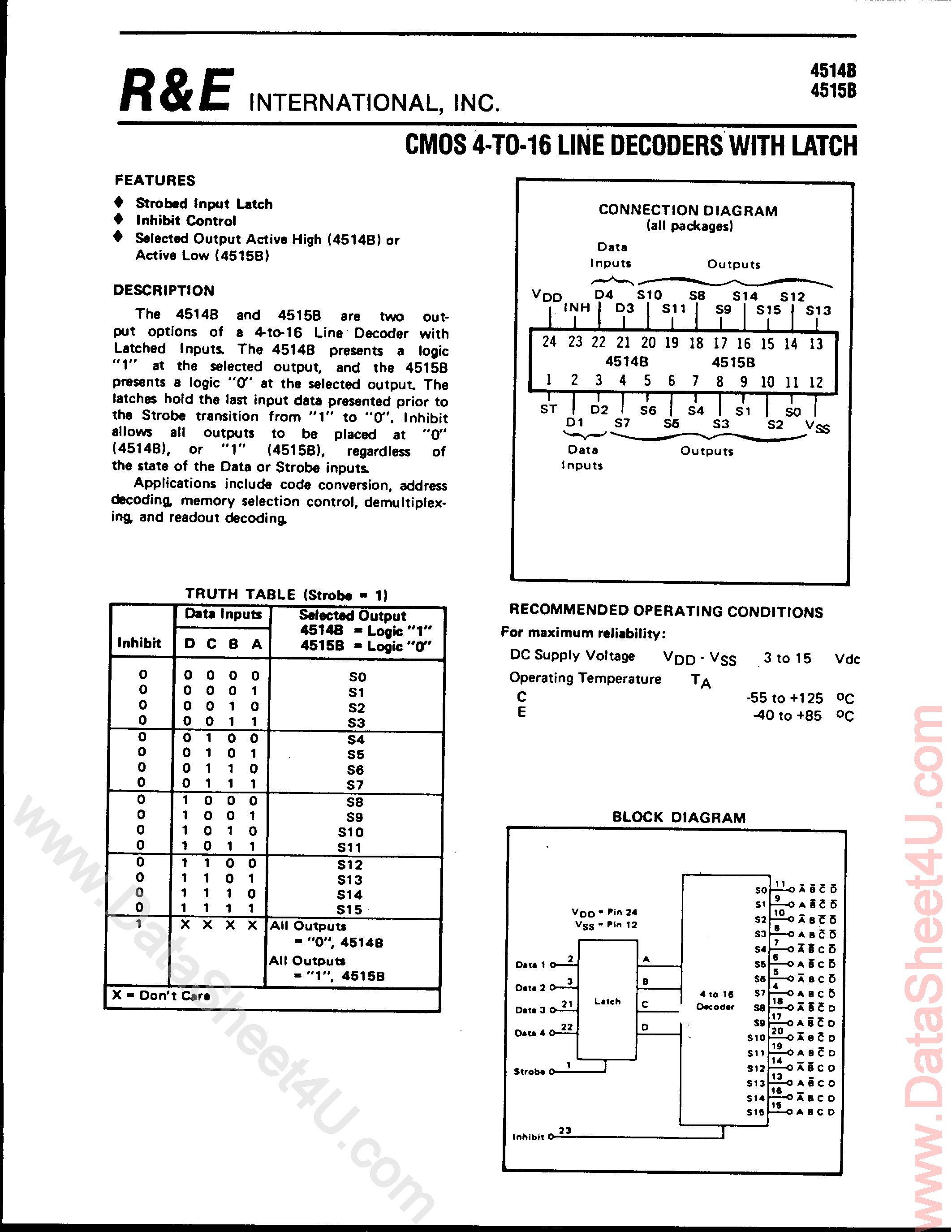 Datasheet SCL4514B - (SCL4514B / SCL4515B) CMOS 4 to 16 Line Decoder page 1