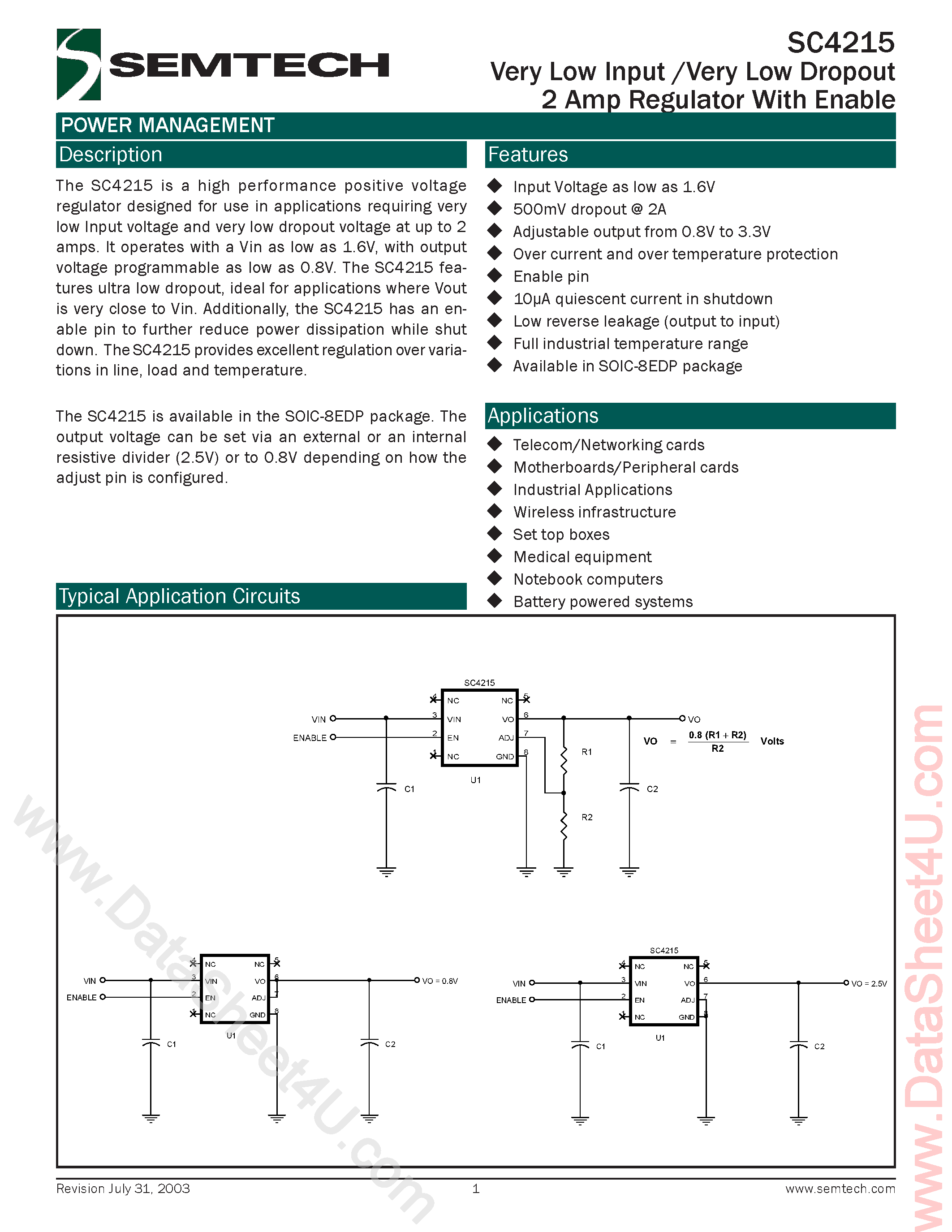 Datasheet SC4215 - Very Low Input / Very Low Dropout 2 Amp Regulator With Enable page 1
