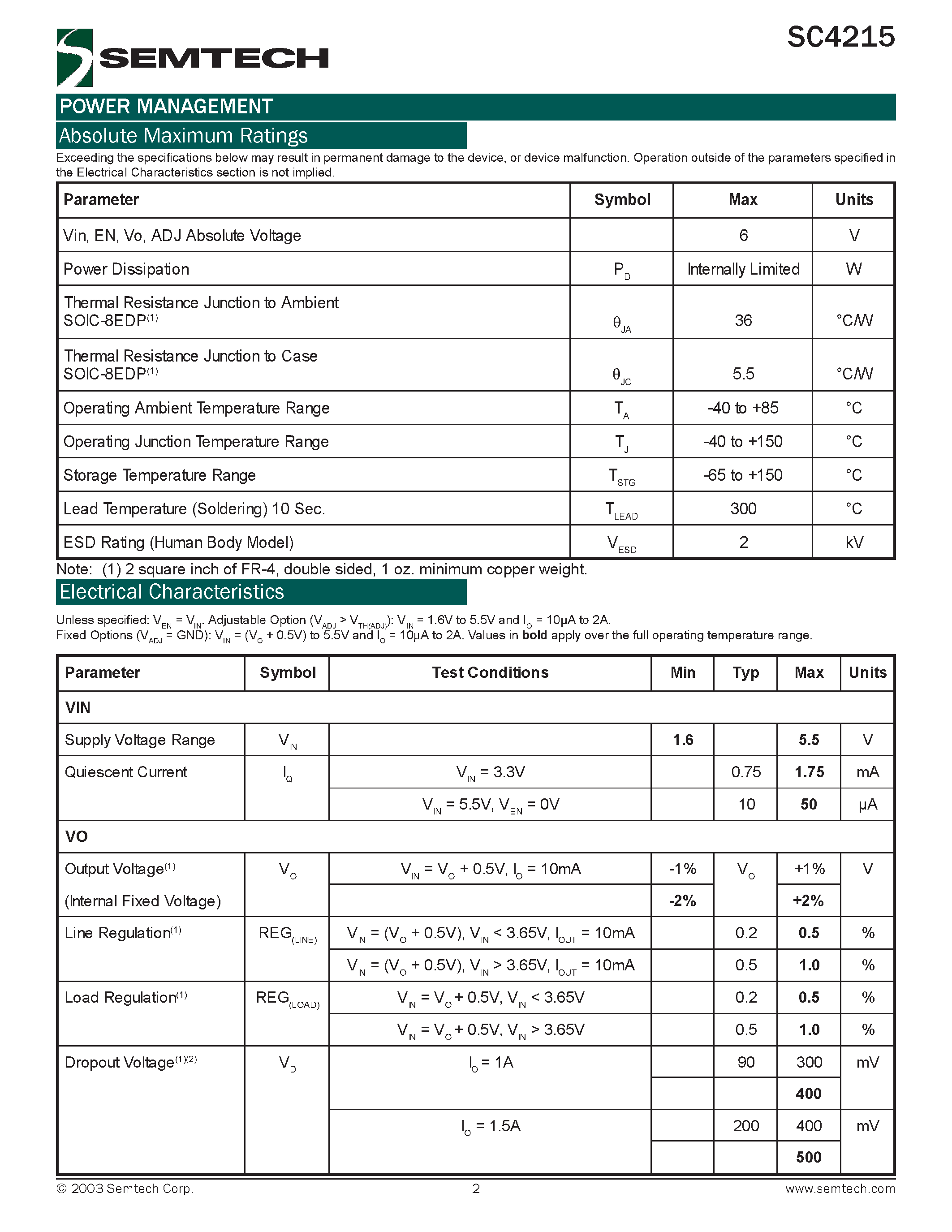 Datasheet SC4215 - Very Low Input / Very Low Dropout 2 Amp Regulator With Enable page 2