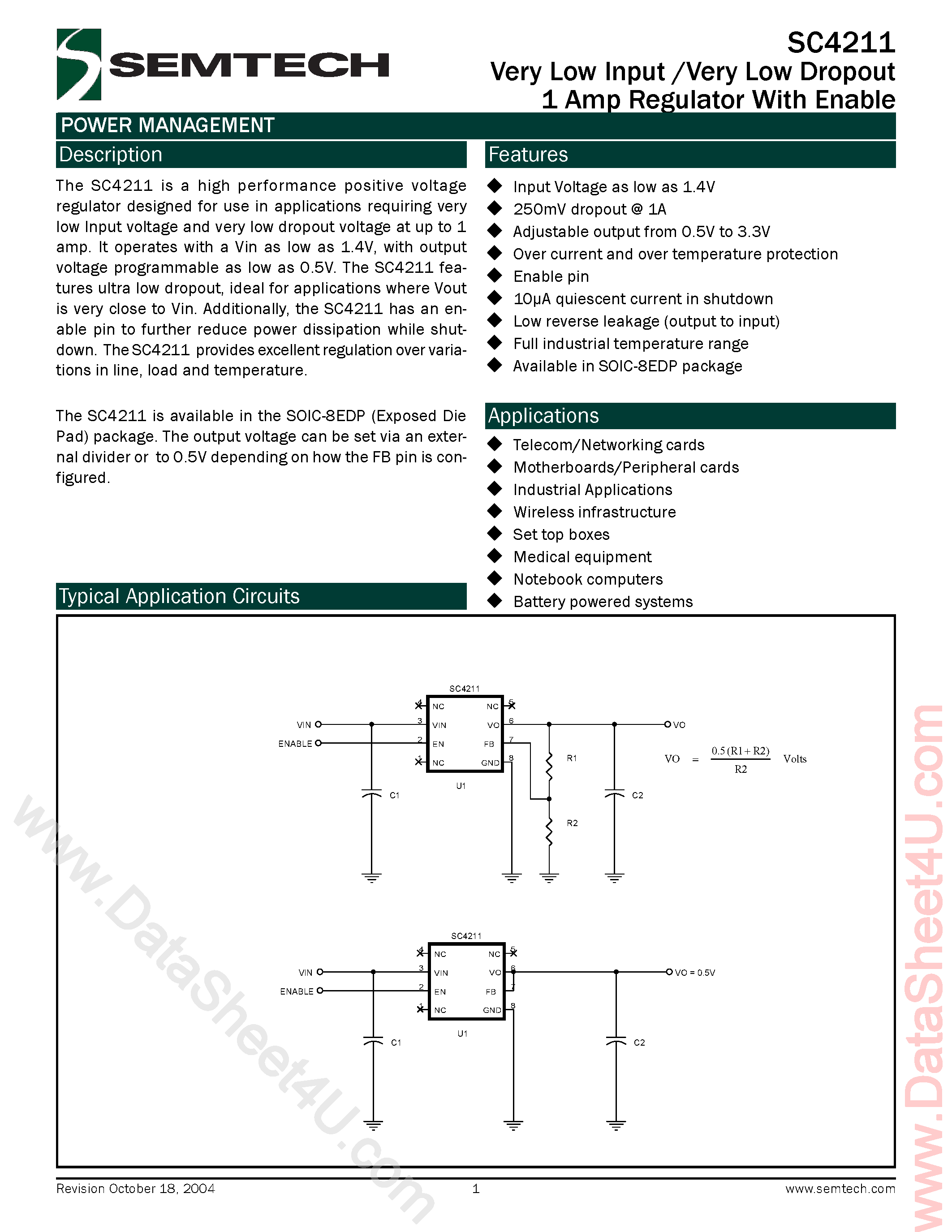 Datasheet SC4211 page 1 Datasheet SC4211 - Very Low Input /Very Low Dropout 1 Amp Regulator page 1