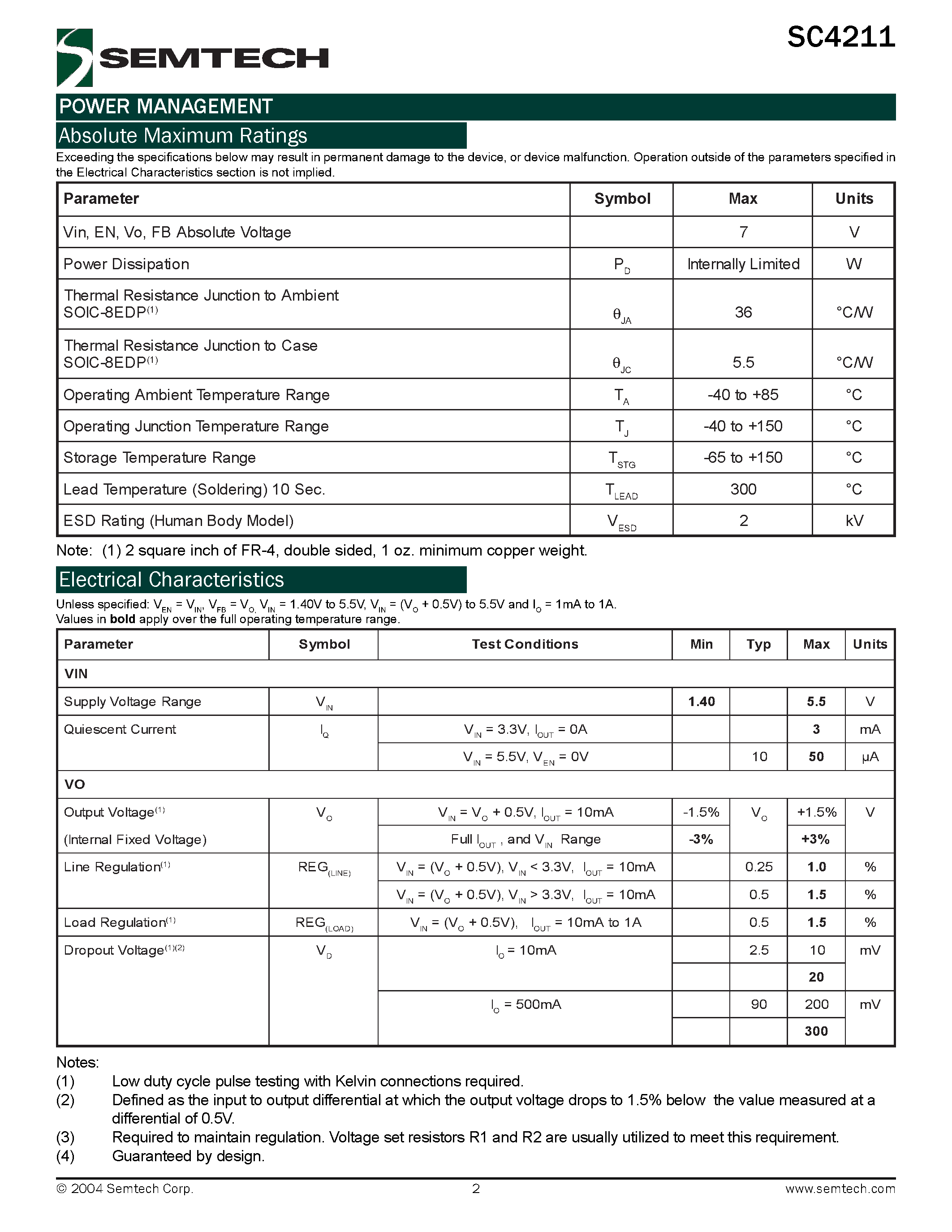 Datasheet SC4211 page 2 Datasheet SC4211 - Very Low Input /Very Low Dropout 1 Amp Regulator page 2