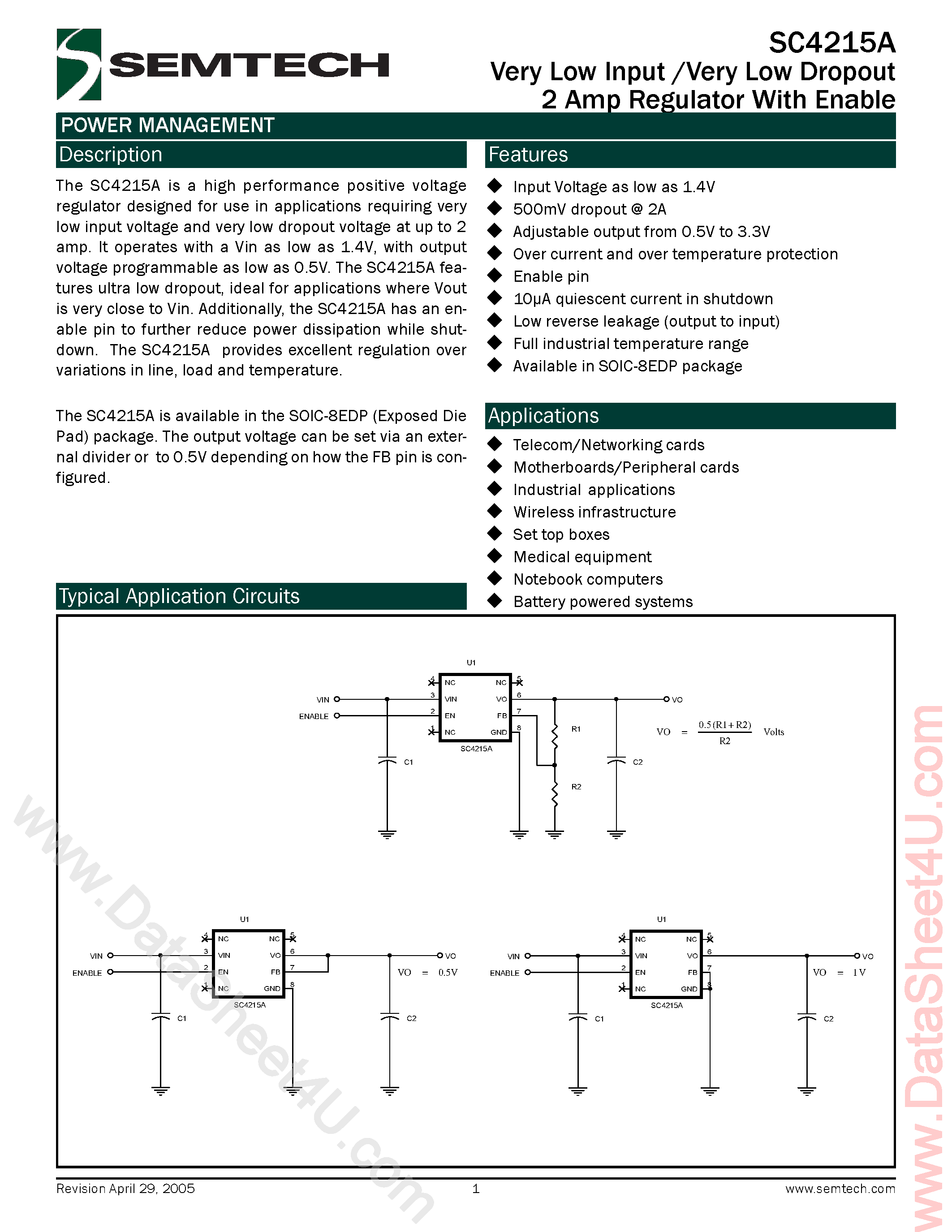 Datasheet SC4215A - Very Low Input / Very Low Dropout 2 Amp Regulator With Enable page 1